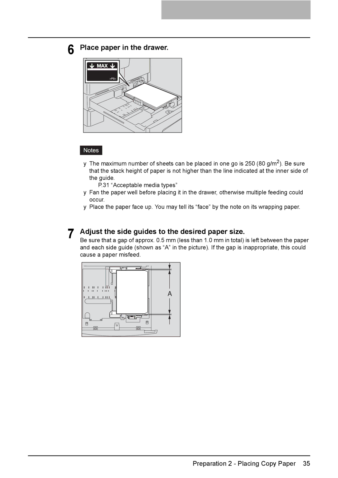 Toshiba e-STUDIO203 manual Place paper in the drawer, Adjust the side guides to the desired paper size 