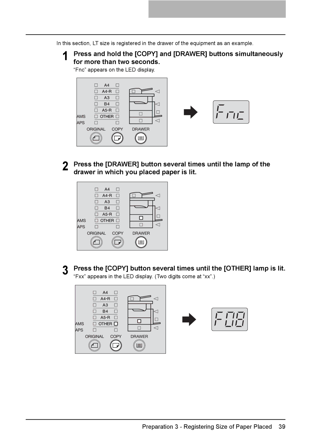 Toshiba e-STUDIO203 manual Preparation 3 Registering Size of Paper Placed 