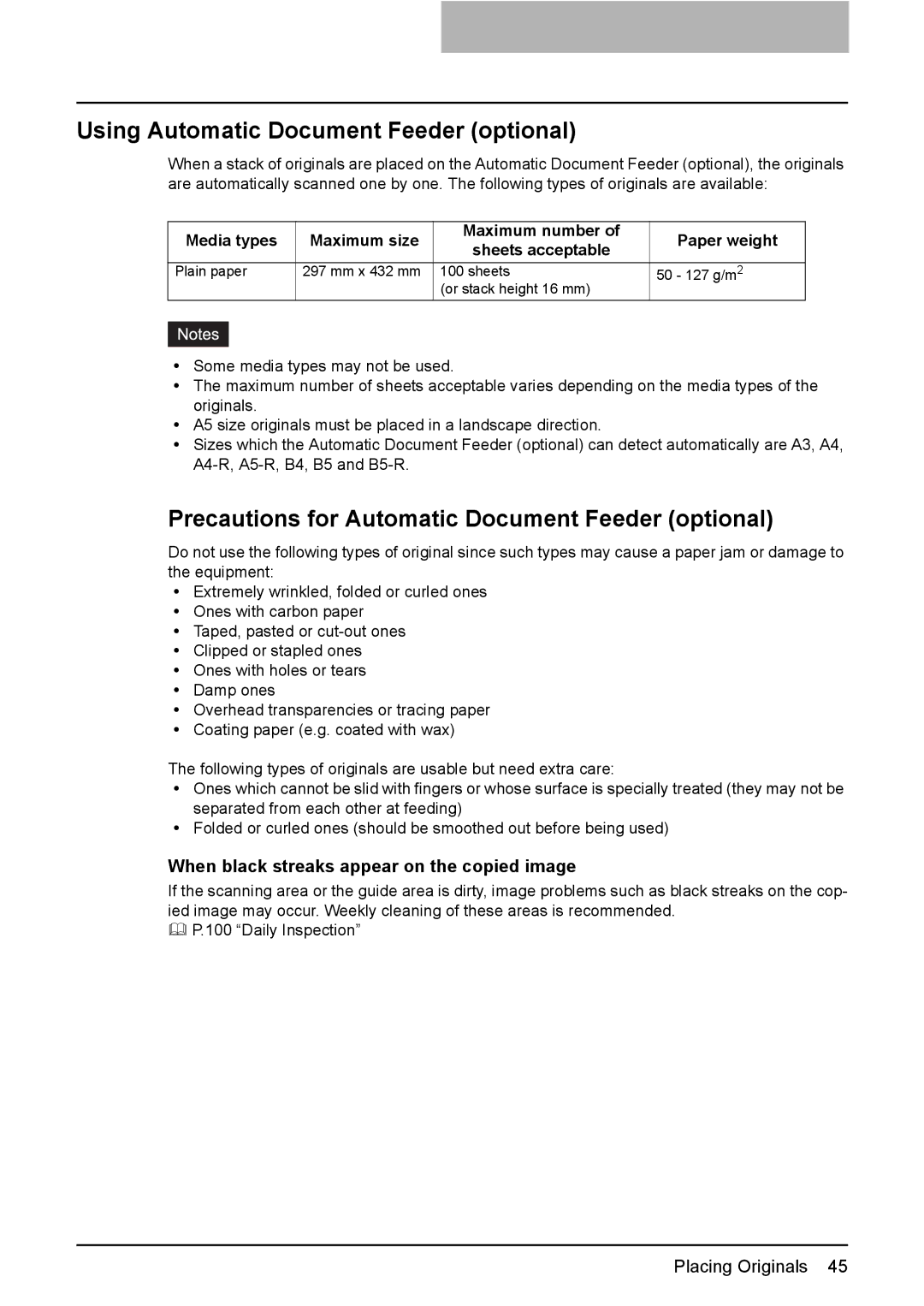 Toshiba e-STUDIO203 manual Using Automatic Document Feeder optional, Precautions for Automatic Document Feeder optional 