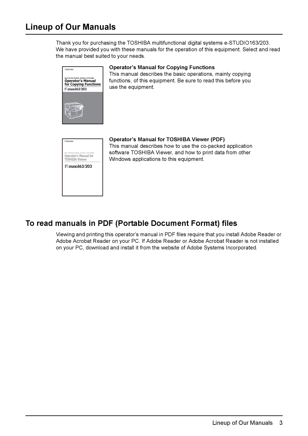 Toshiba e-STUDIO203 manual Lineup of Our Manuals, Operator’s Manual for Copying Functions 