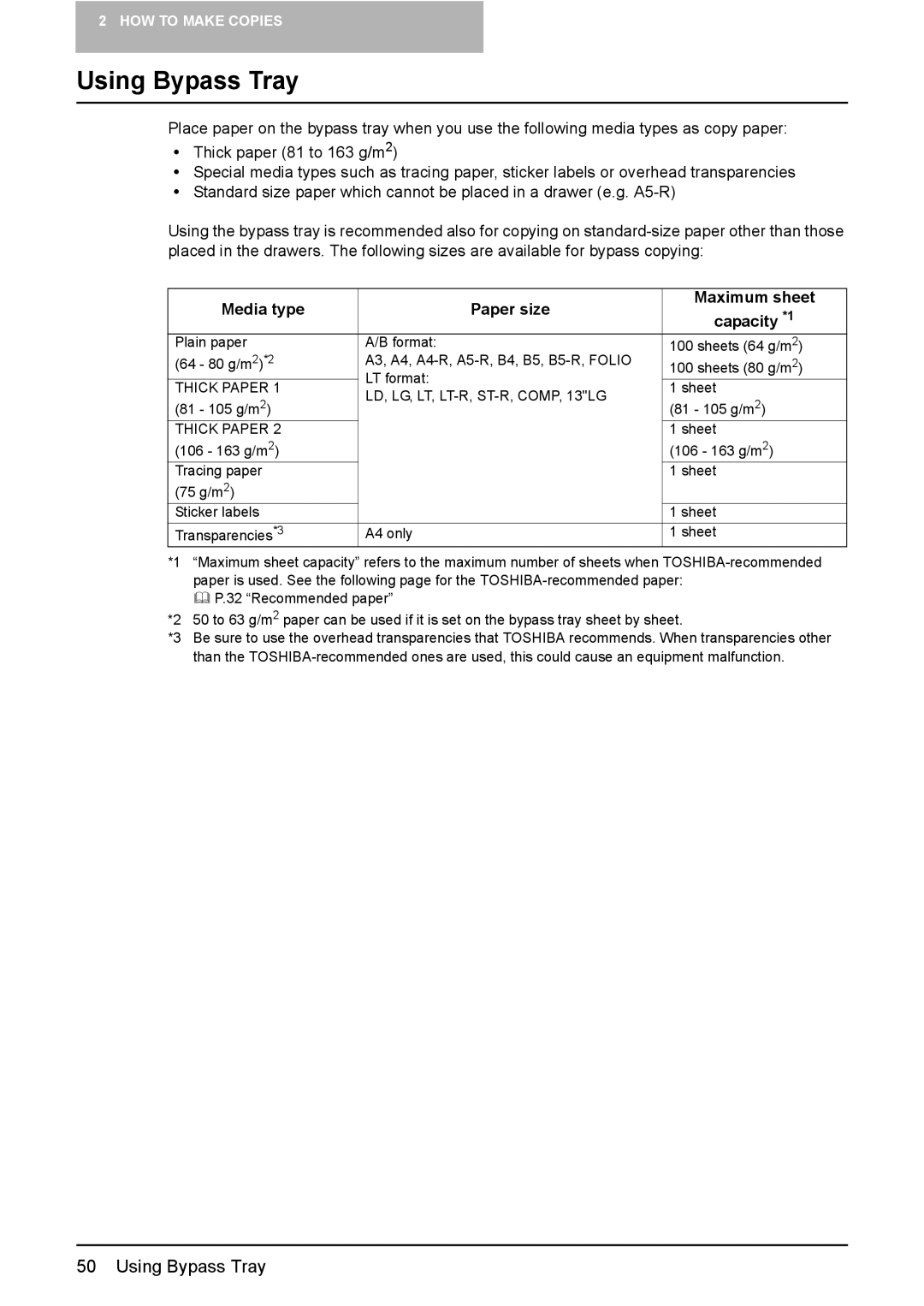 Toshiba e-STUDIO203 manual Using Bypass Tray, Media type Paper size Maximum sheet Capacity *1 