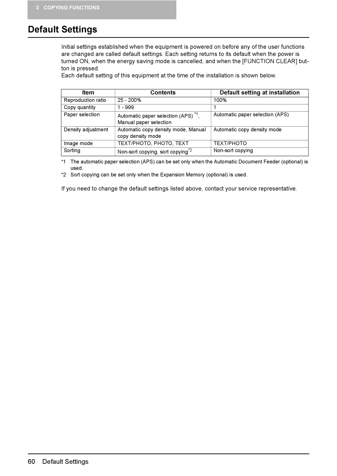 Toshiba e-STUDIO203 manual Default Settings, Contents Default setting at installation 