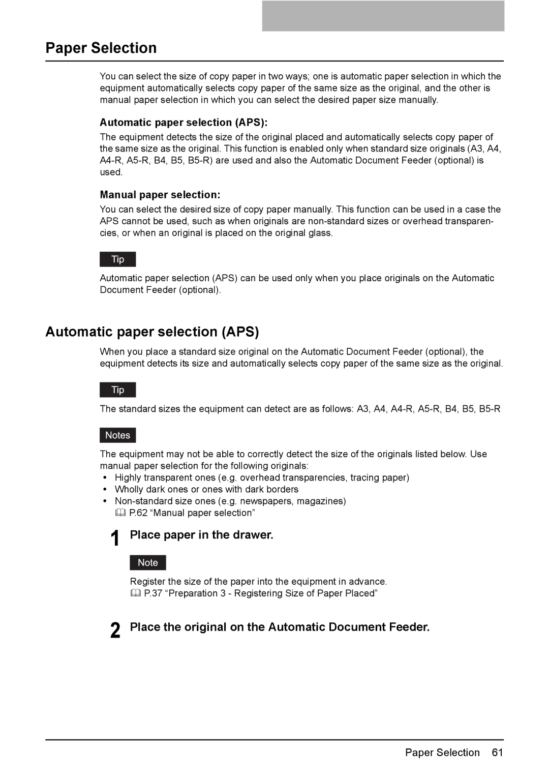 Toshiba e-STUDIO203 Paper Selection, Automatic paper selection APS, Place the original on the Automatic Document Feeder 