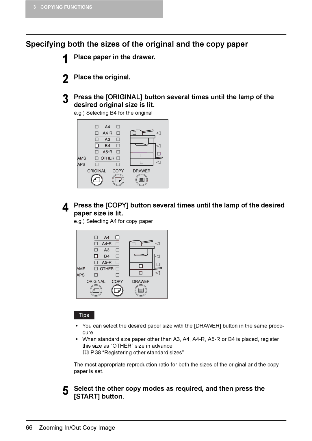 Toshiba e-STUDIO203 manual Specifying both the sizes of the original and the copy paper 