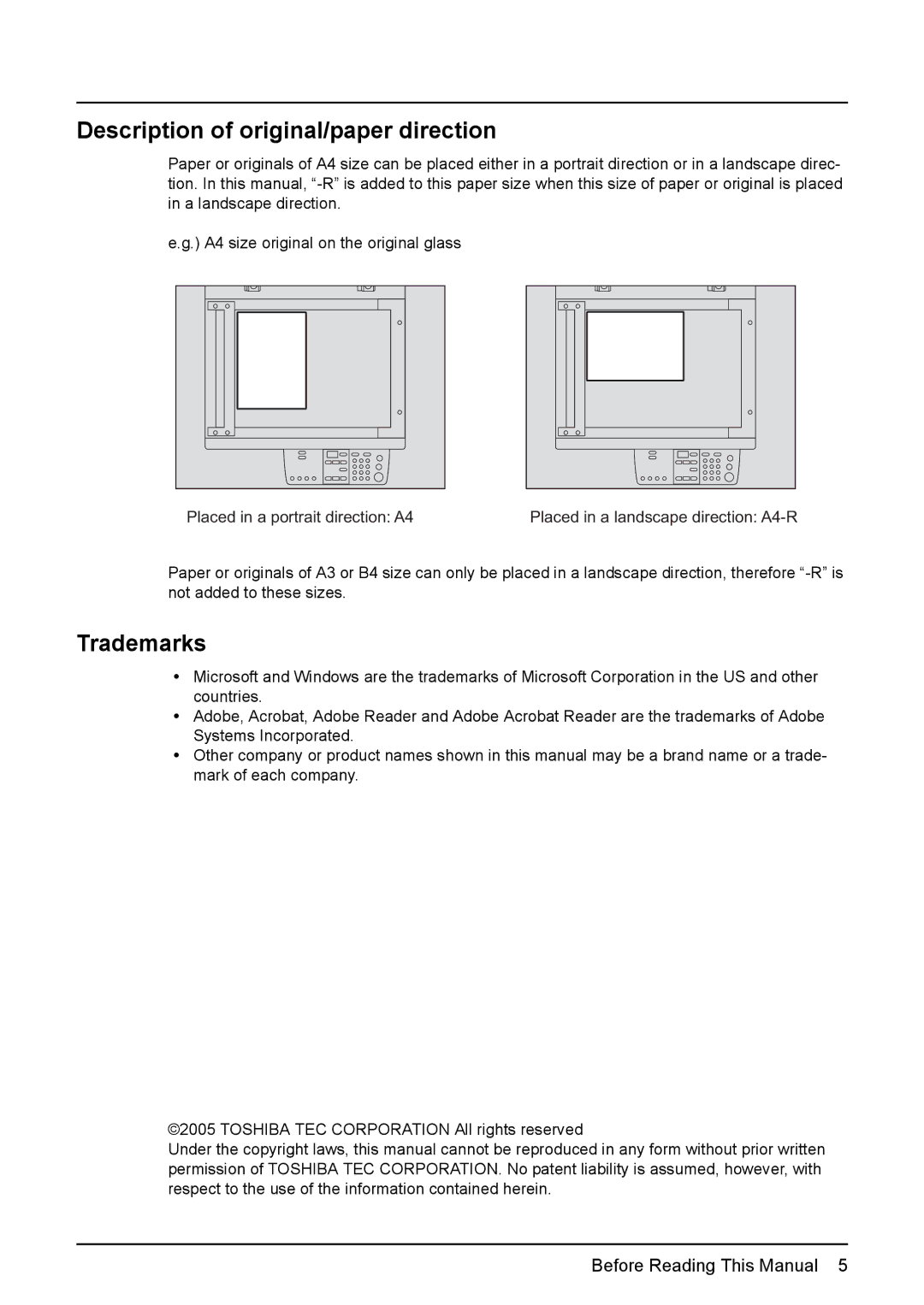 Toshiba e-STUDIO203 manual Description of original/paper direction, Trademarks 