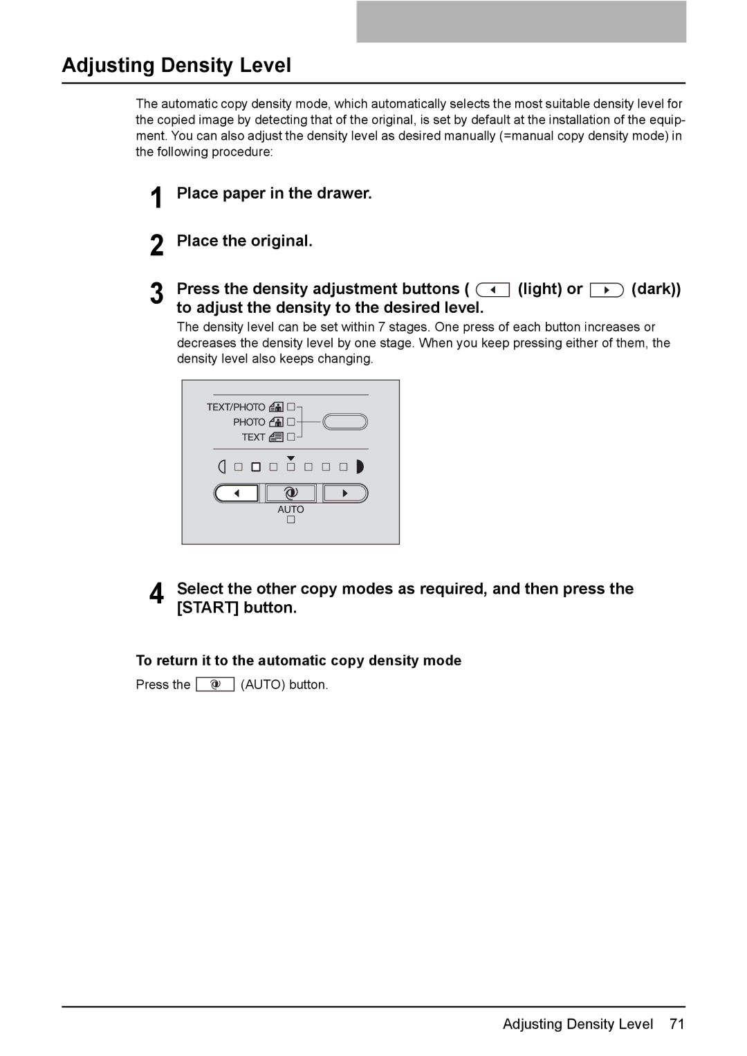 Toshiba e-STUDIO203 manual Adjusting Density Level, To adjust the density to the desired level, Dark 