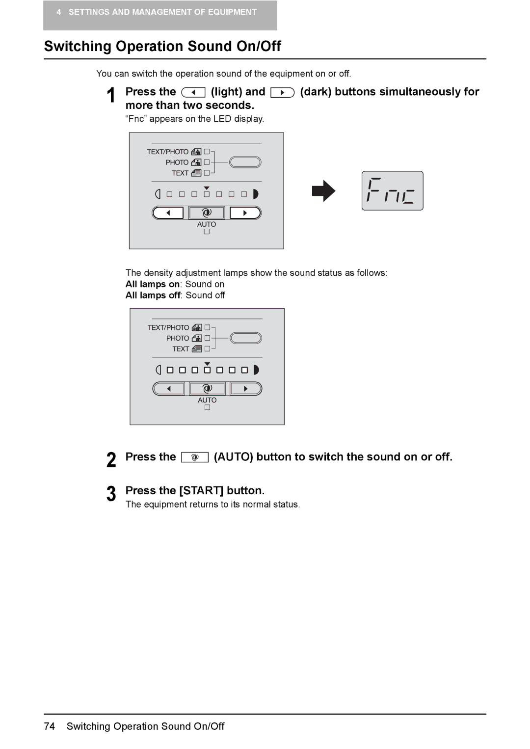 Toshiba e-STUDIO203 manual Switching Operation Sound On/Off, All lamps on Sound on All lamps off Sound off 