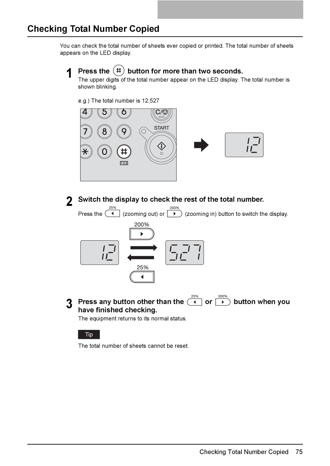 Toshiba e-STUDIO203 manual Checking Total Number Copied, Press Button for more than two seconds 