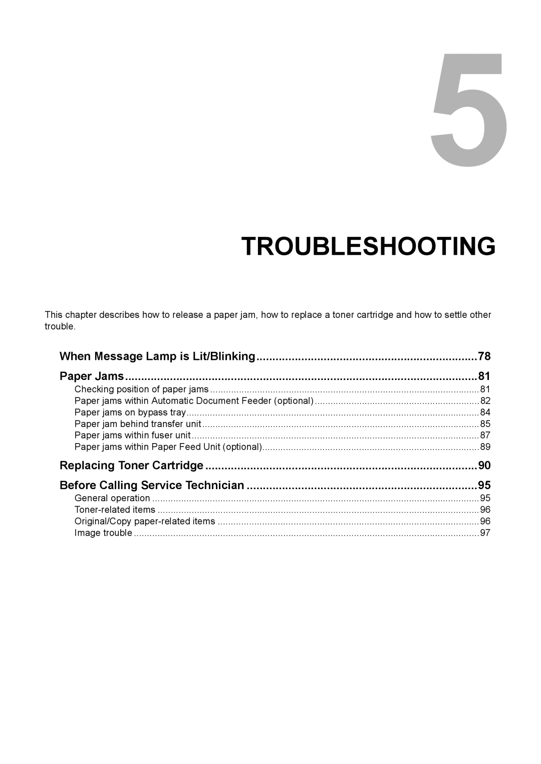 Toshiba e-STUDIO203 manual Troubleshooting, When Message Lamp is Lit/Blinking Paper Jams 