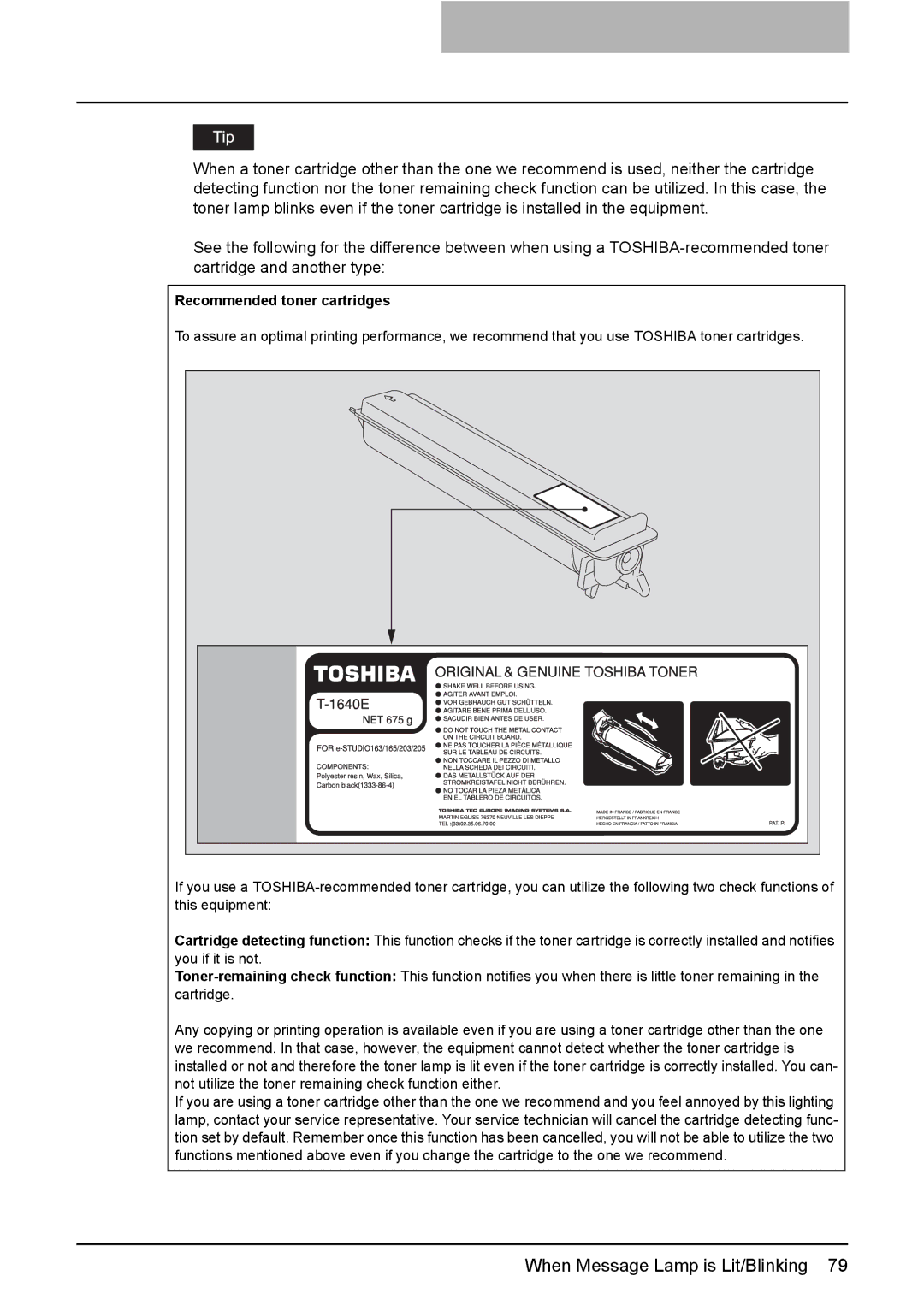 Toshiba e-STUDIO203 manual Recommended toner cartridges 