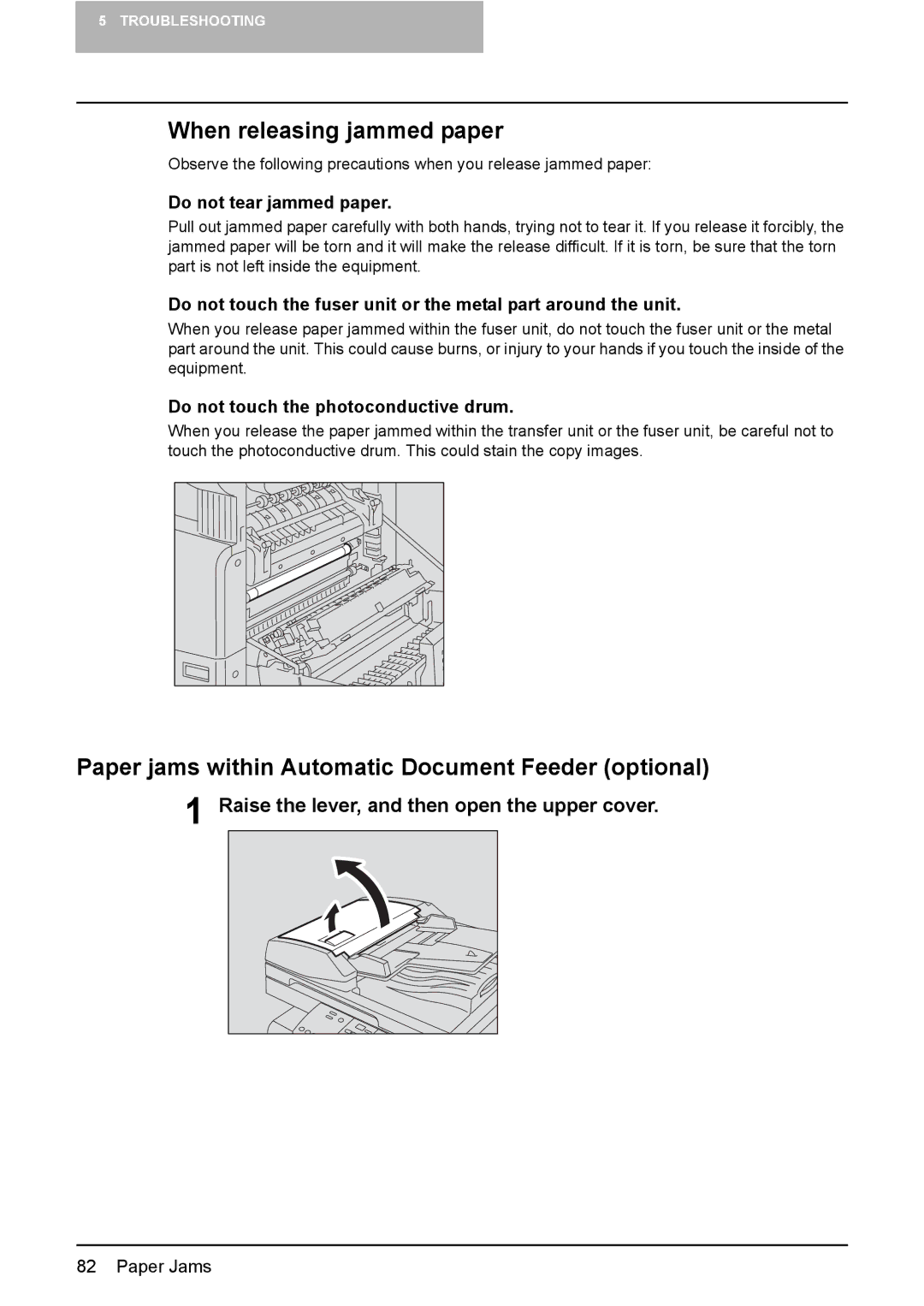 Toshiba e-STUDIO203 manual When releasing jammed paper, Paper jams within Automatic Document Feeder optional 