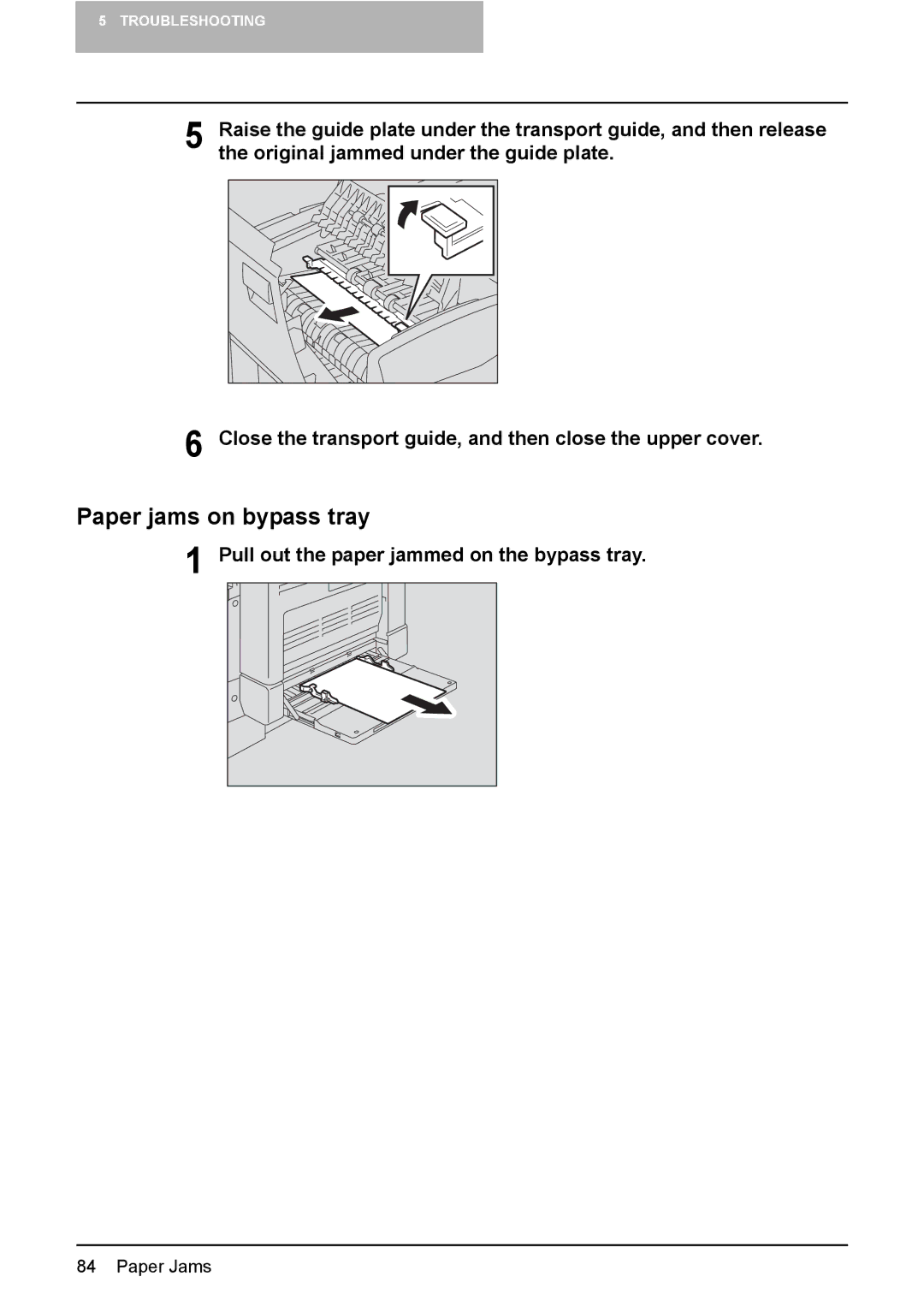 Toshiba e-STUDIO203 manual Paper jams on bypass tray, Pull out the paper jammed on the bypass tray 