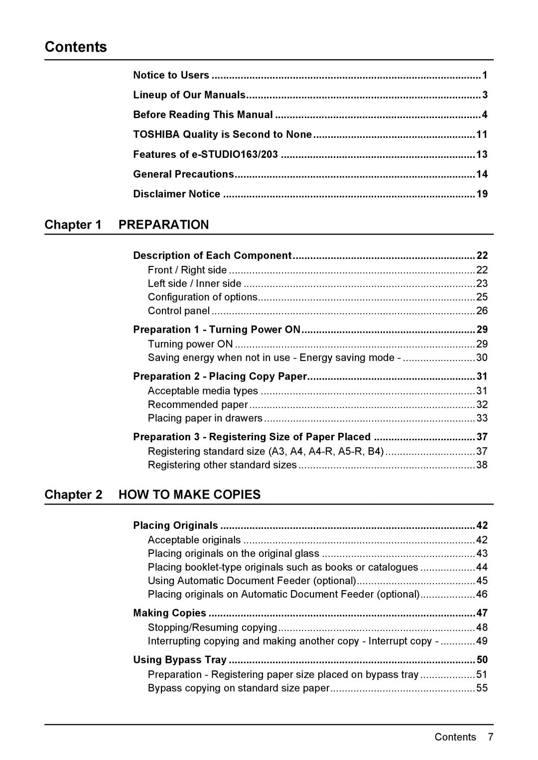 Toshiba e-STUDIO203 manual Contents 