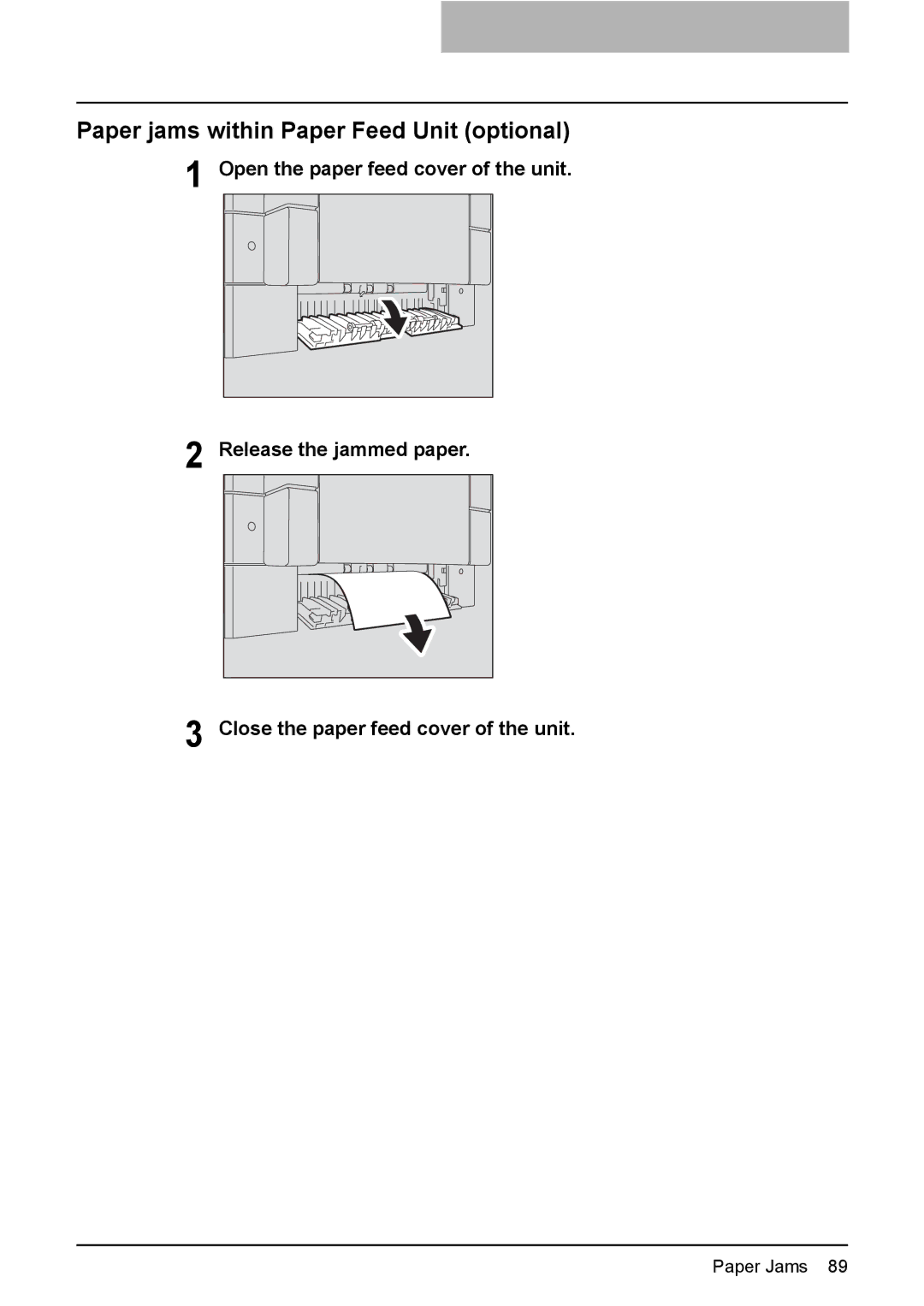 Toshiba e-STUDIO203 manual Paper jams within Paper Feed Unit optional 