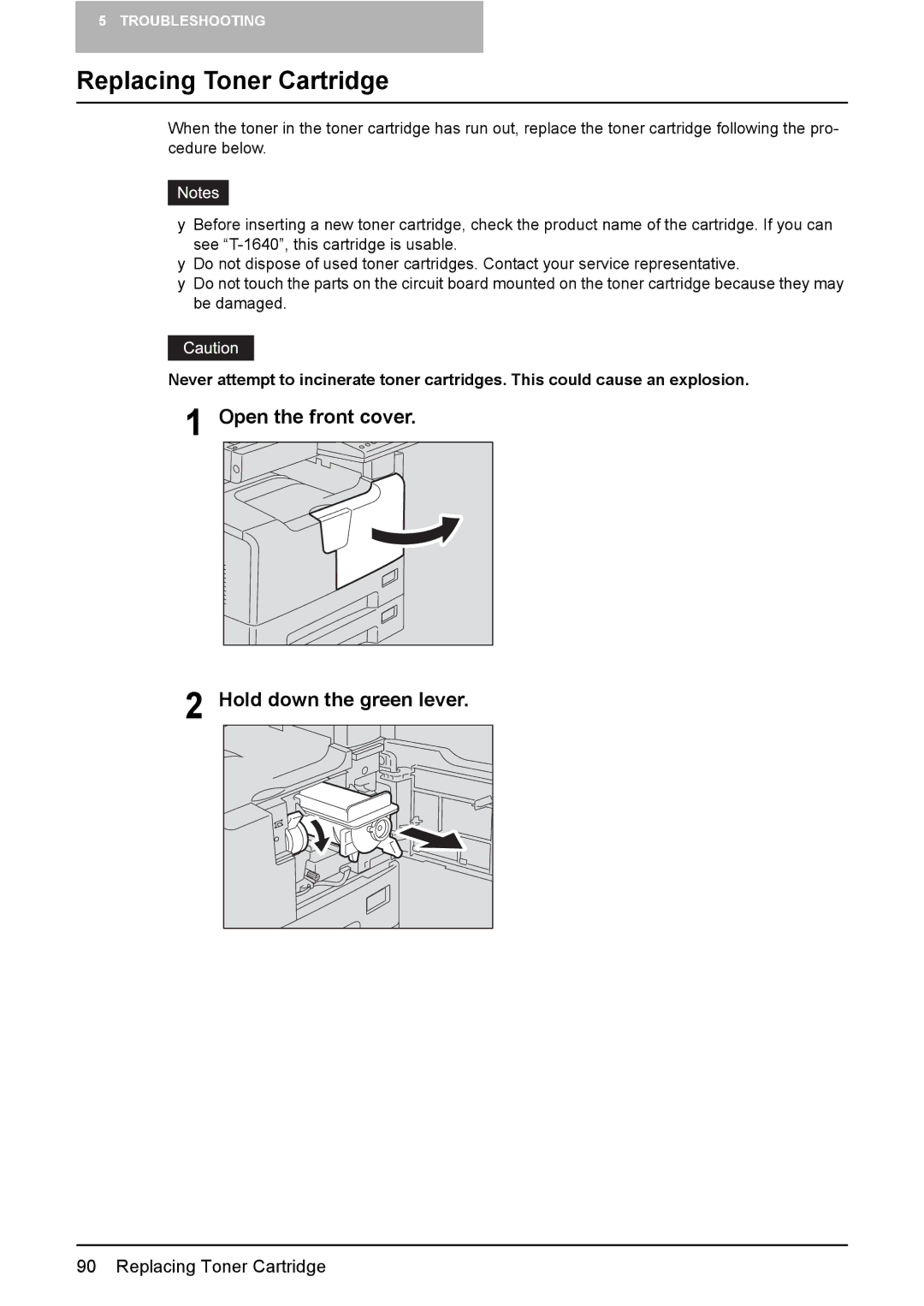 Toshiba e-STUDIO203 manual Replacing Toner Cartridge, Open the front cover, Hold down the green lever 