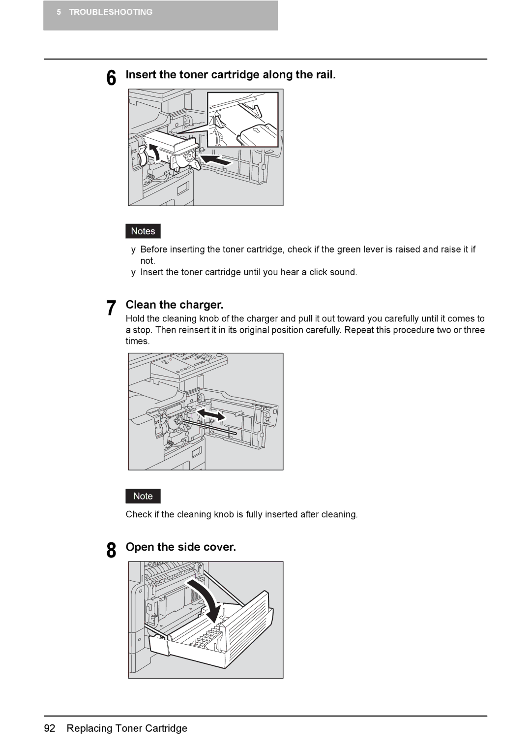 Toshiba e-STUDIO203 manual Insert the toner cartridge along the rail, Clean the charger, Open the side cover 