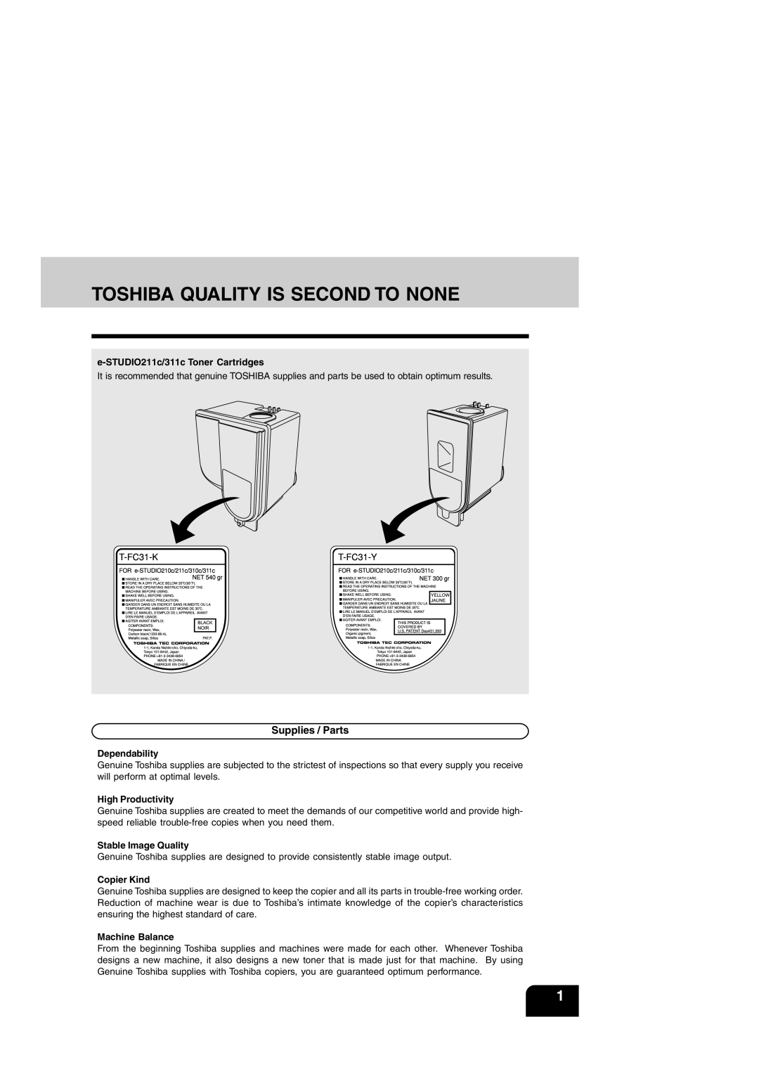 Toshiba e-STUDIO211c/311c manual Toshiba Quality is Second to None, Supplies / Parts 