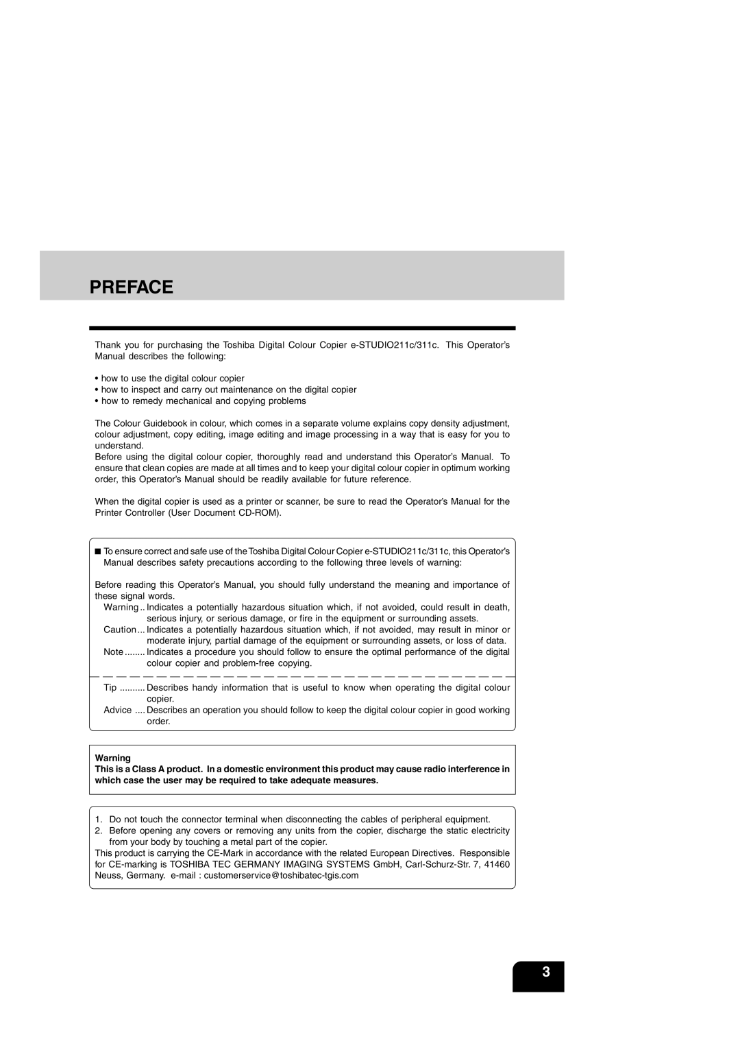 Toshiba e-STUDIO211c/311c manual Preface 