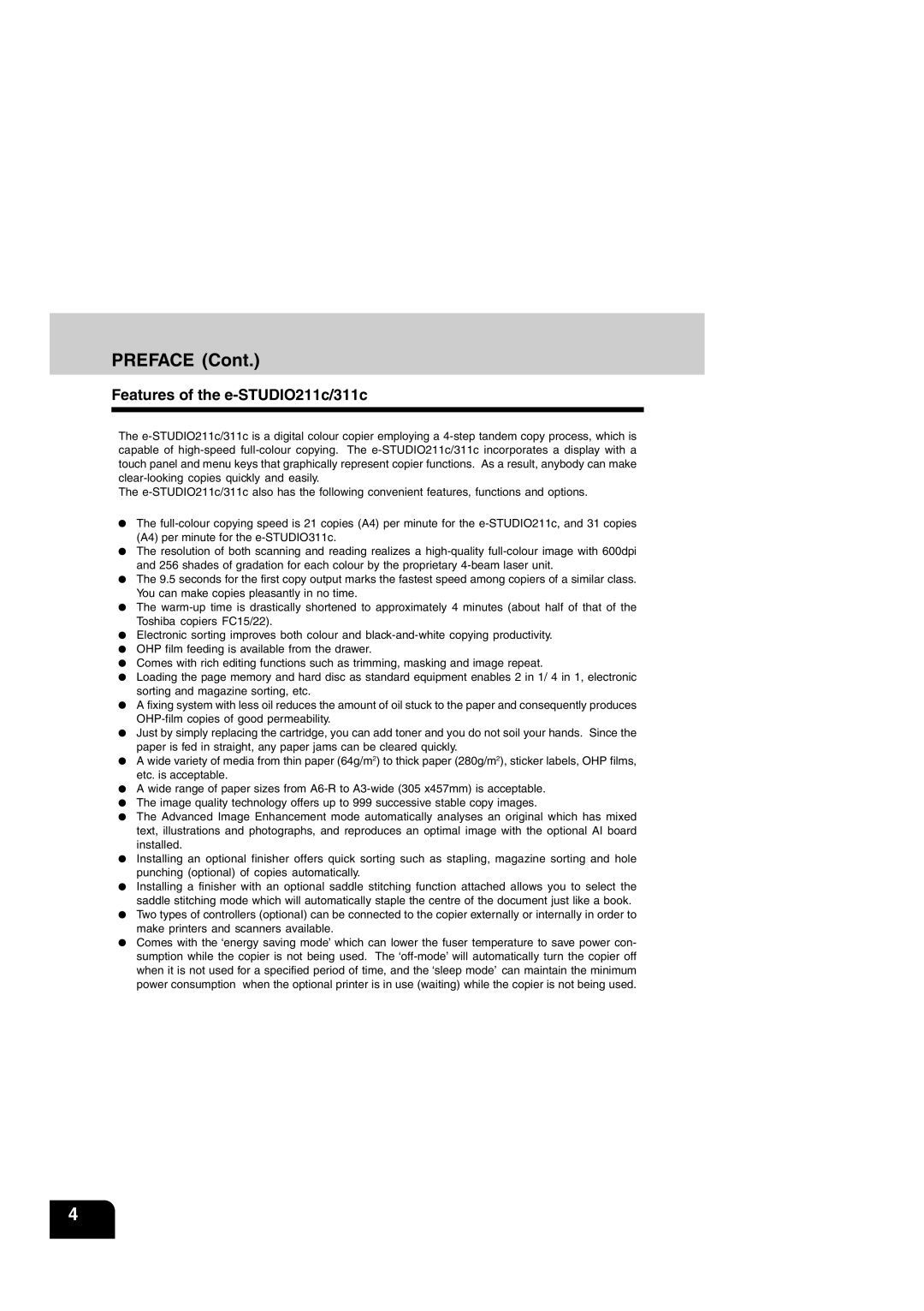 Toshiba manual Preface, Features of the e-STUDIO211c/311c 