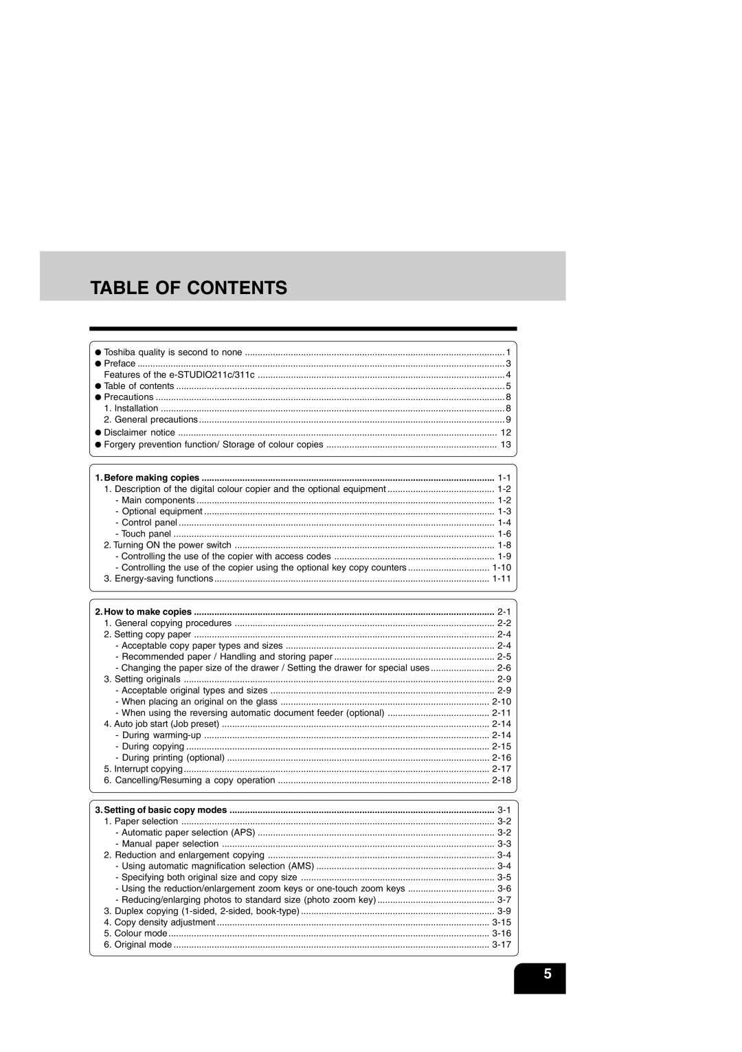 Toshiba e-STUDIO211c/311c manual Table of Contents 