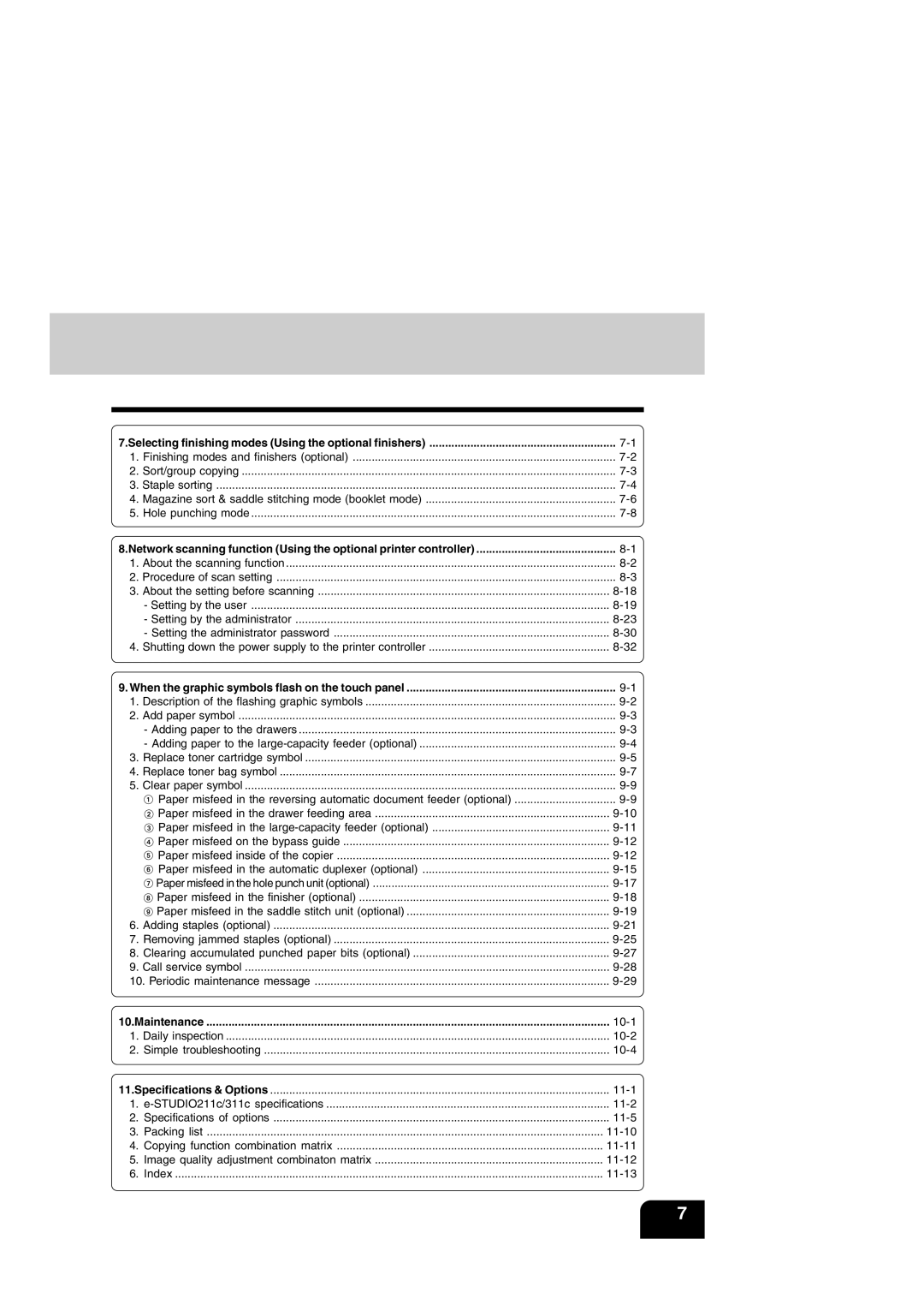 Toshiba e-STUDIO211c/311c manual Selecting finishing modes Using the optional finishers, Maintenance 