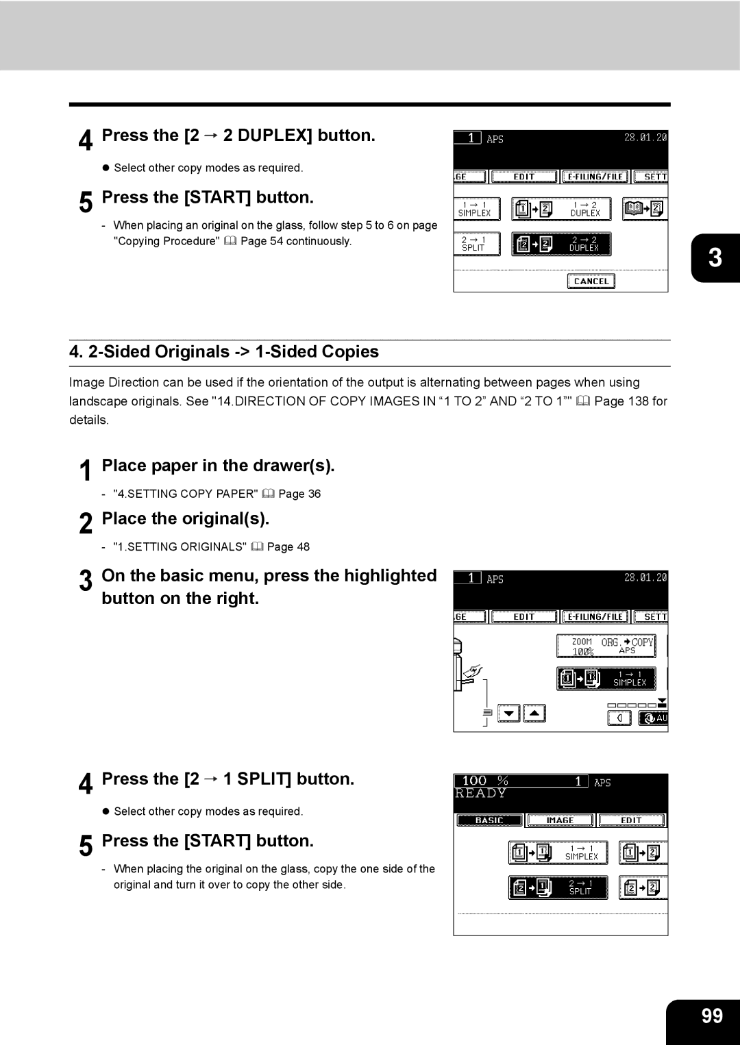 Toshiba e-STUDIO230/280 manual Press the 2 2 Duplex button, Sided Originals 1-Sided Copies 