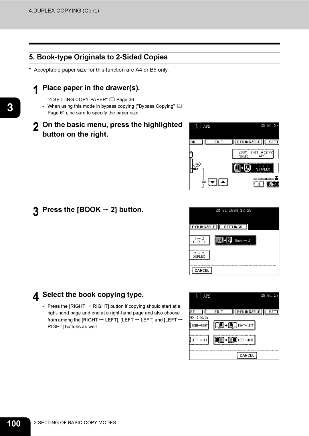 Toshiba e-STUDIO230/280 manual 100, Book-type Originals to 2-Sided Copies 