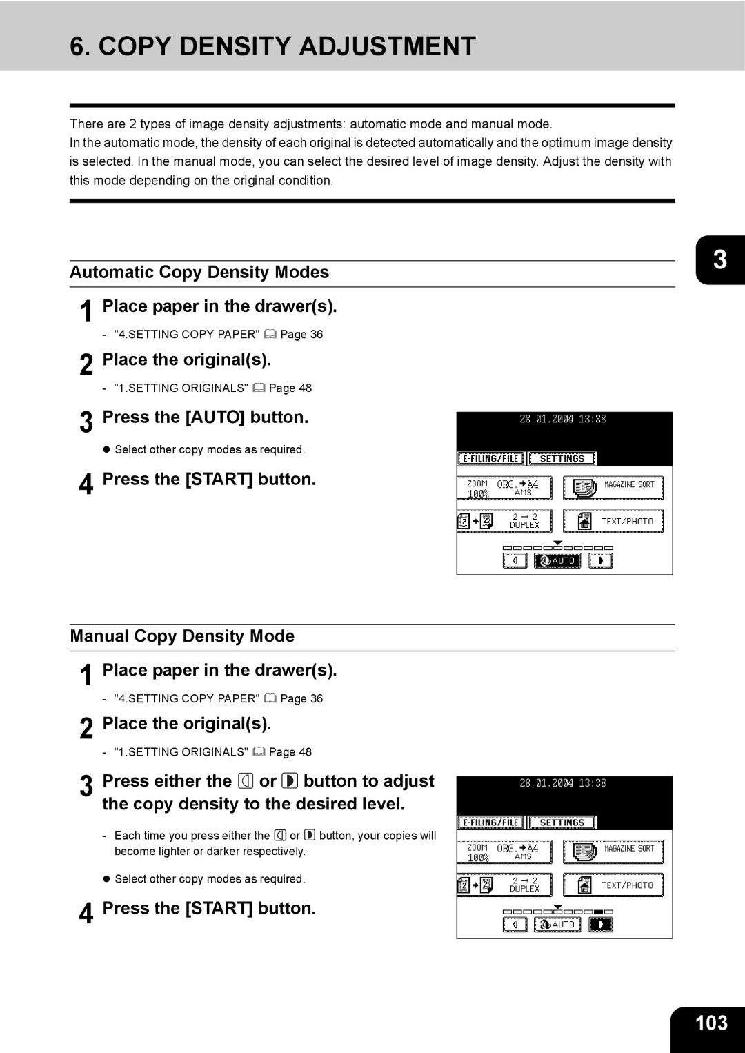 Toshiba e-STUDIO230/280 manual Copy Density Adjustment, 103, Automatic Copy Density Modes, Press the Auto button 