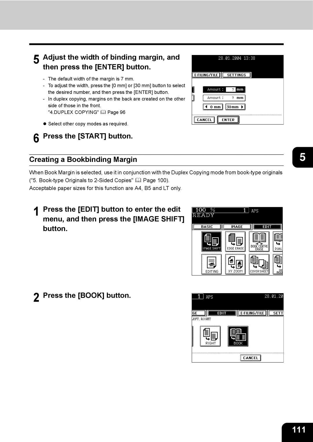 Toshiba e-STUDIO230/280 manual 111, Press the Start button Creating a Bookbinding Margin 