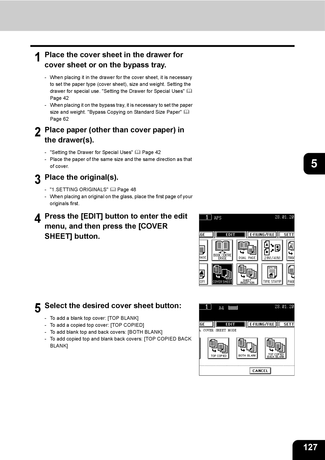 Toshiba e-STUDIO230/280 manual 127, Place paper other than cover paper in the drawers 