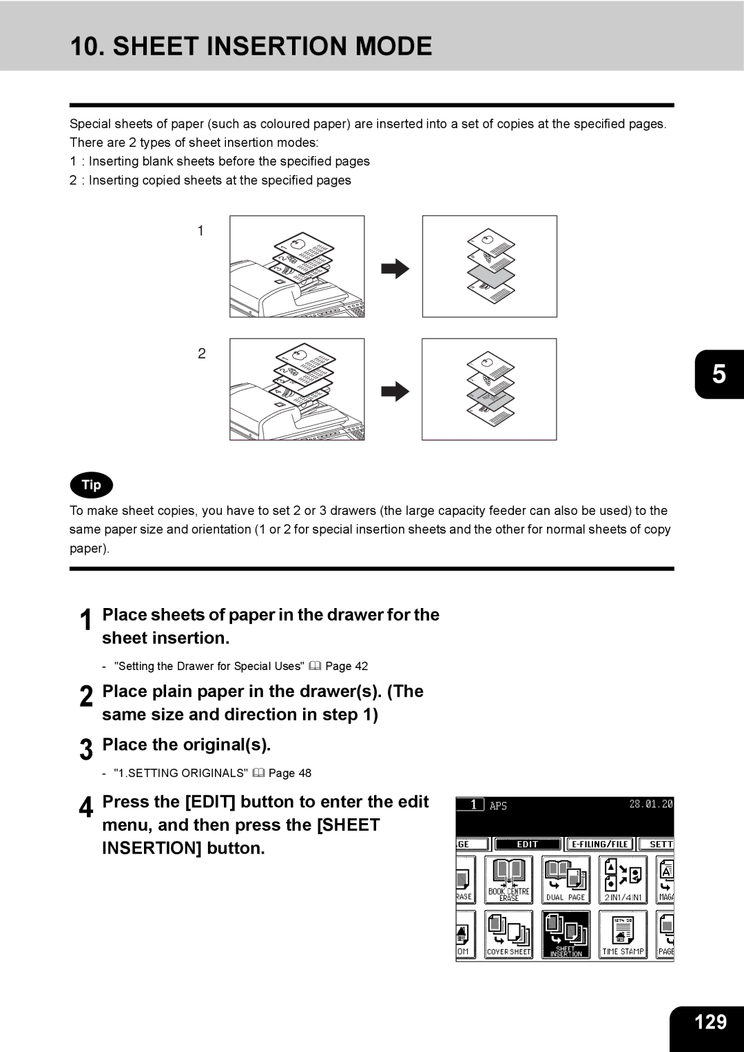 Toshiba e-STUDIO230/280 manual Sheet Insertion Mode, 129 