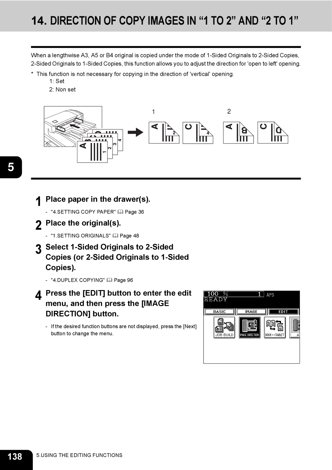 Toshiba e-STUDIO230/280 manual Direction of Copy Images in 1 to 2 and 2 to, 138 