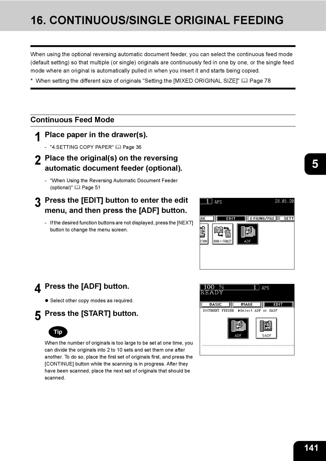 Toshiba e-STUDIO230/280 manual CONTINUOUS/SINGLE Original Feeding, 141, Continuous Feed Mode Place paper in the drawers 