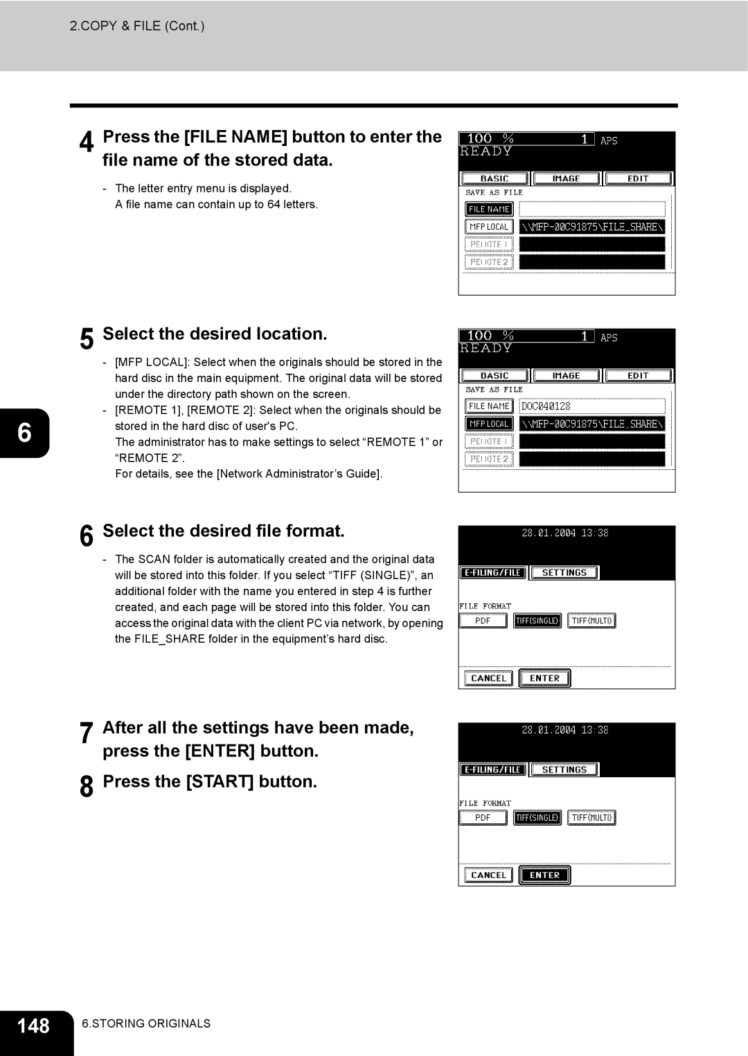 Toshiba e-STUDIO230/280 manual 148, Select the desired location, Select the desired file format 