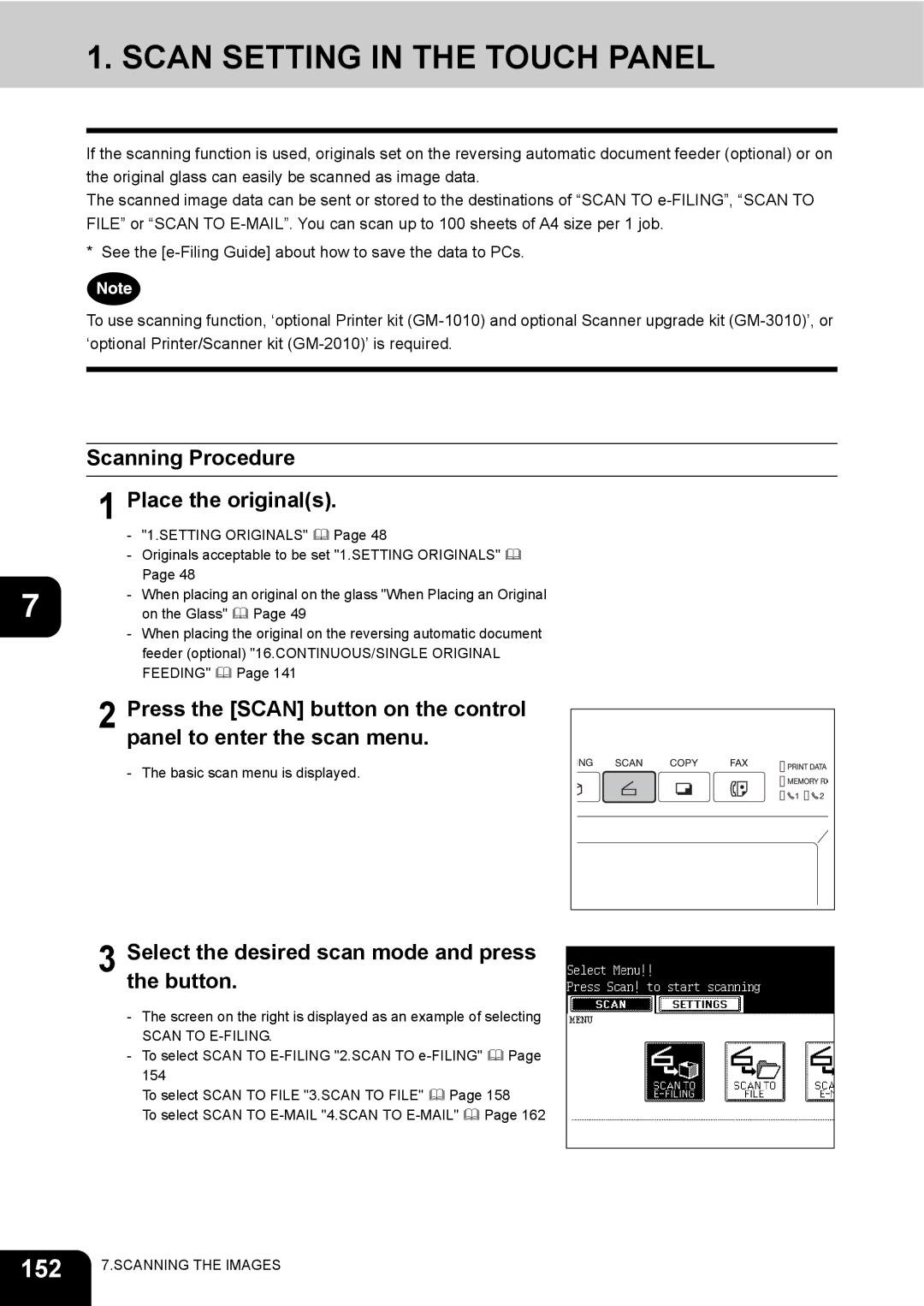 Toshiba e-STUDIO230/280 manual Scan Setting in the Touch Panel, 152, Scanning Procedure Place the originals 