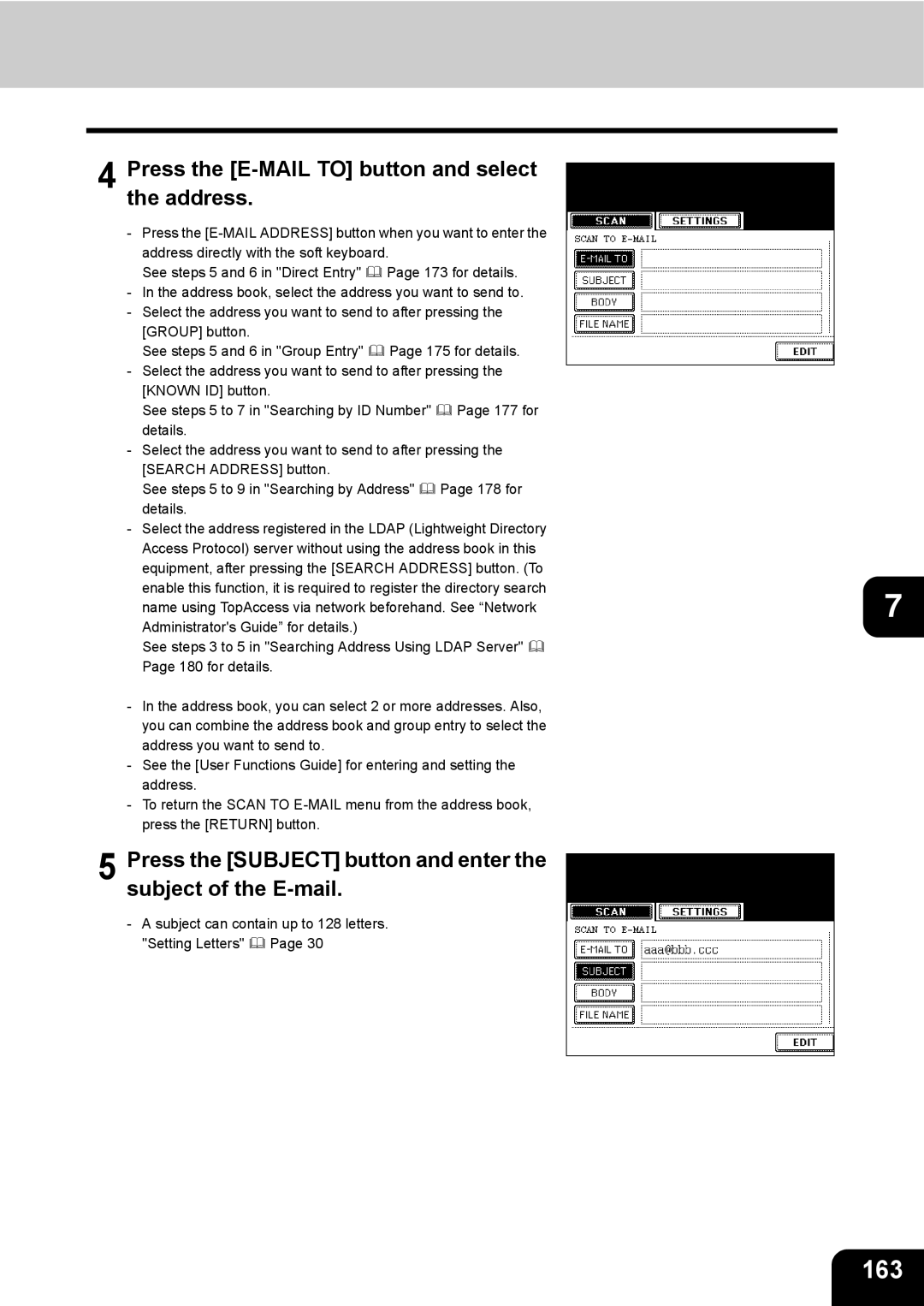 Toshiba e-STUDIO230/280 manual 163, Press the E-MAIL to button and select the address 