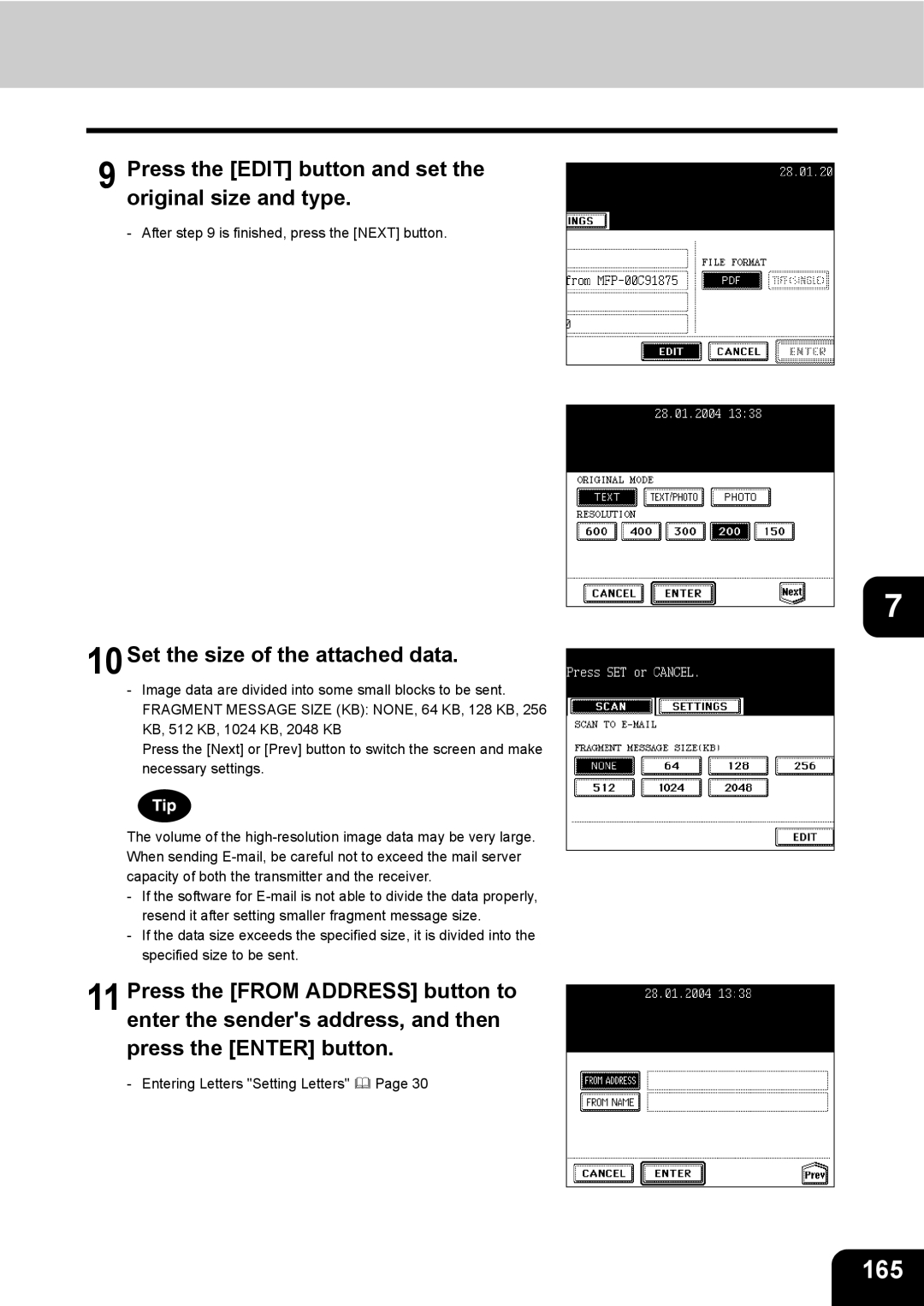 Toshiba e-STUDIO230/280 165, Press the Edit button and set the original size and type, 10Set the size of the attached data 