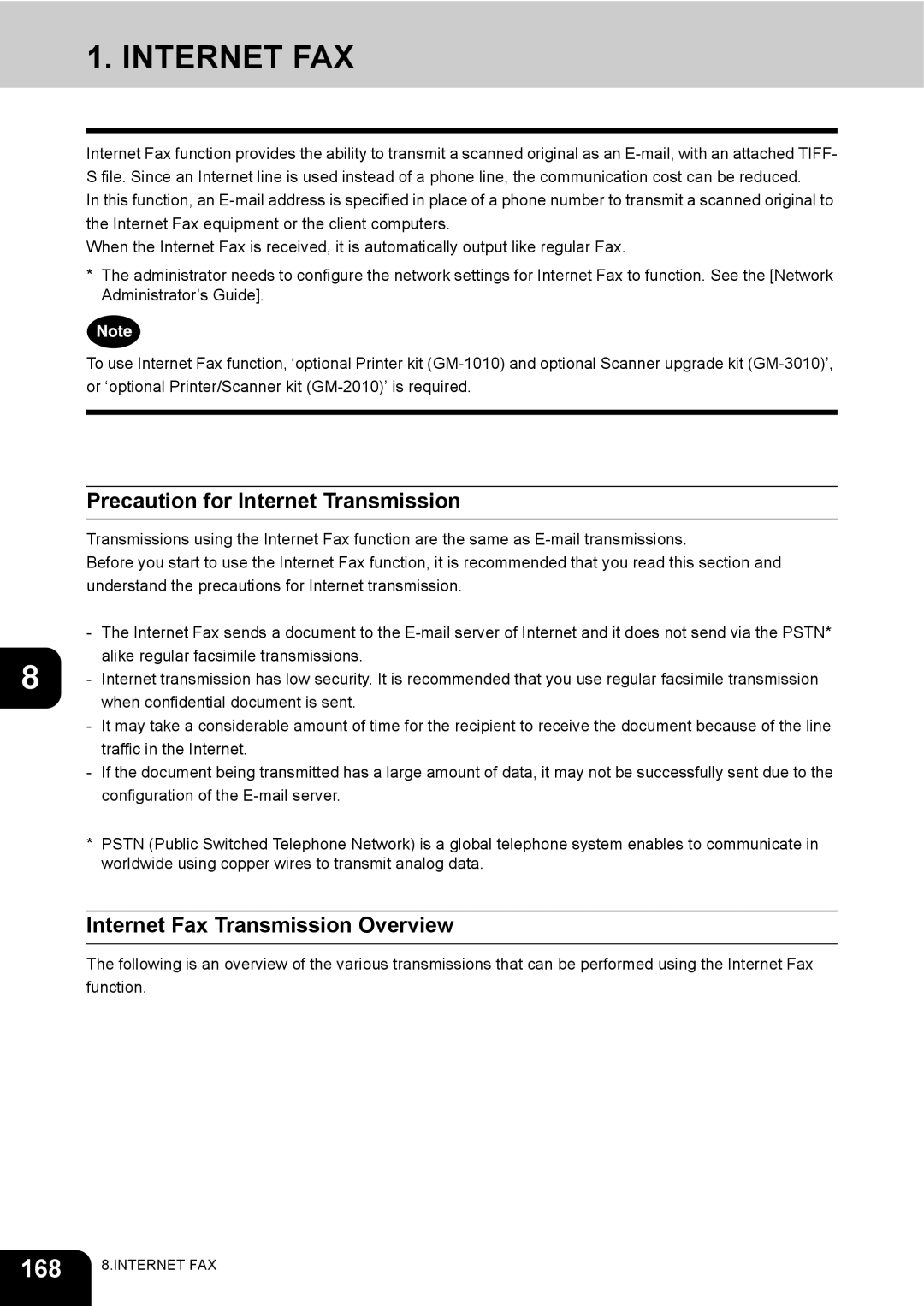 Toshiba e-STUDIO230/280 manual Internet FAX, 168, Precaution for Internet Transmission, Internet Fax Transmission Overview 