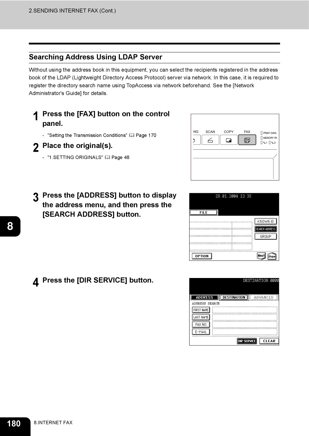 Toshiba e-STUDIO230/280 manual 180, Searching Address Using Ldap Server, Presspanel. the FAX button on the control 