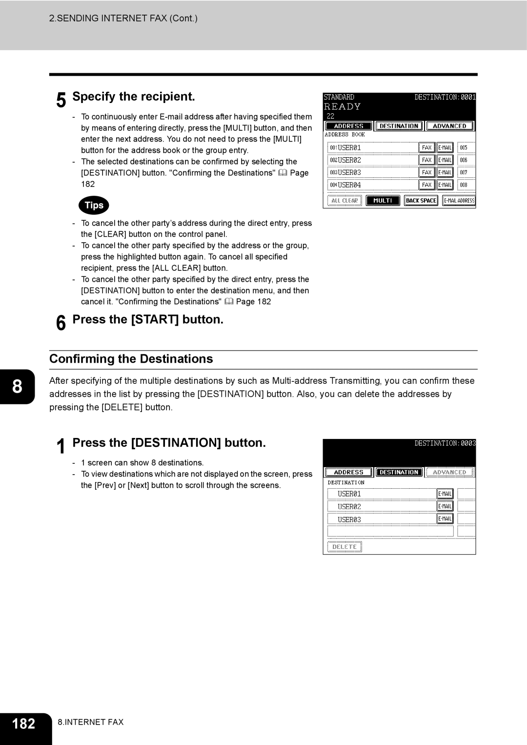 Toshiba e-STUDIO230/280 manual 182, Specify the recipient, Confirming the Destinations, Press the Destination button 