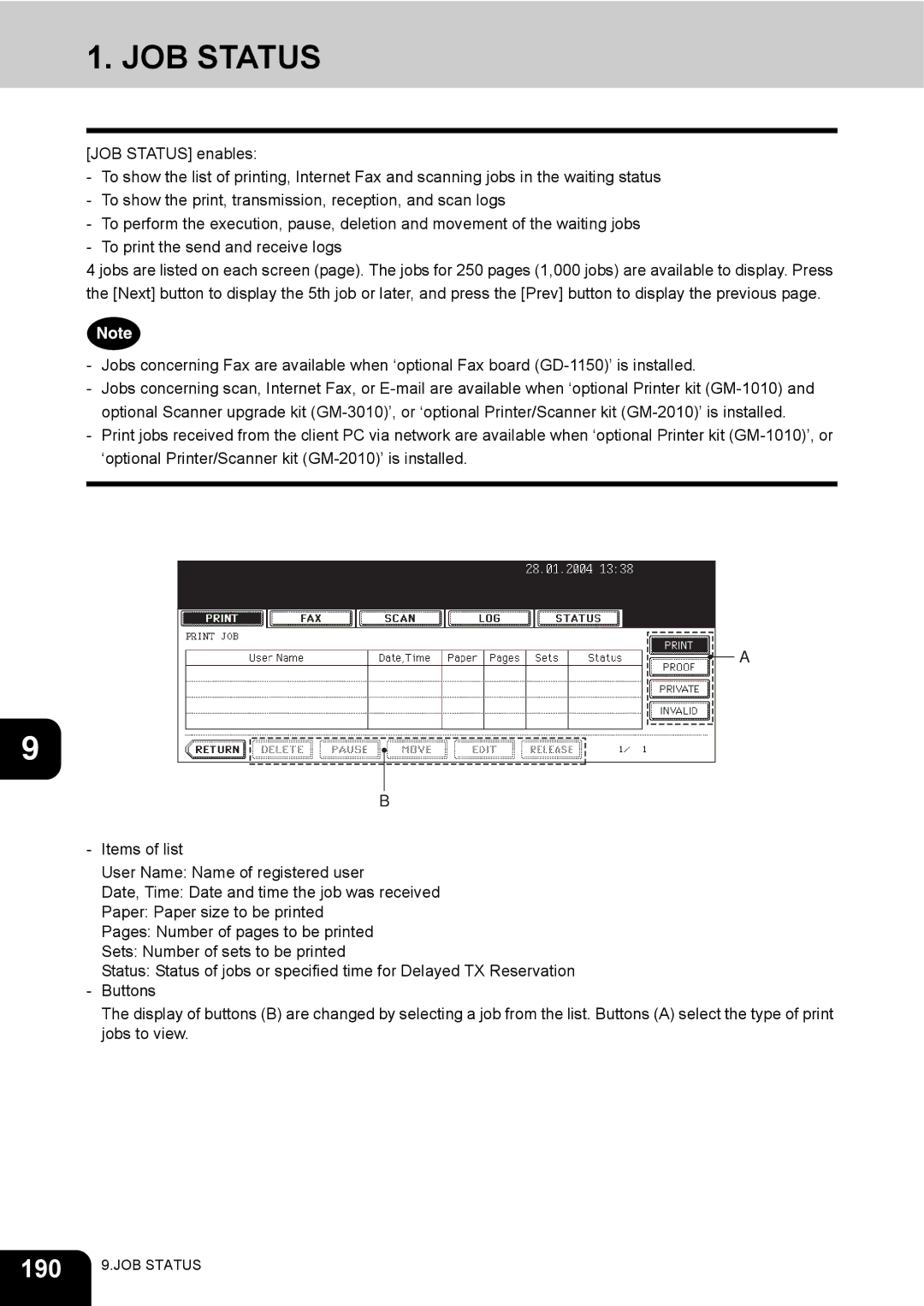 Toshiba e-STUDIO230/280 manual JOB Status, 190 