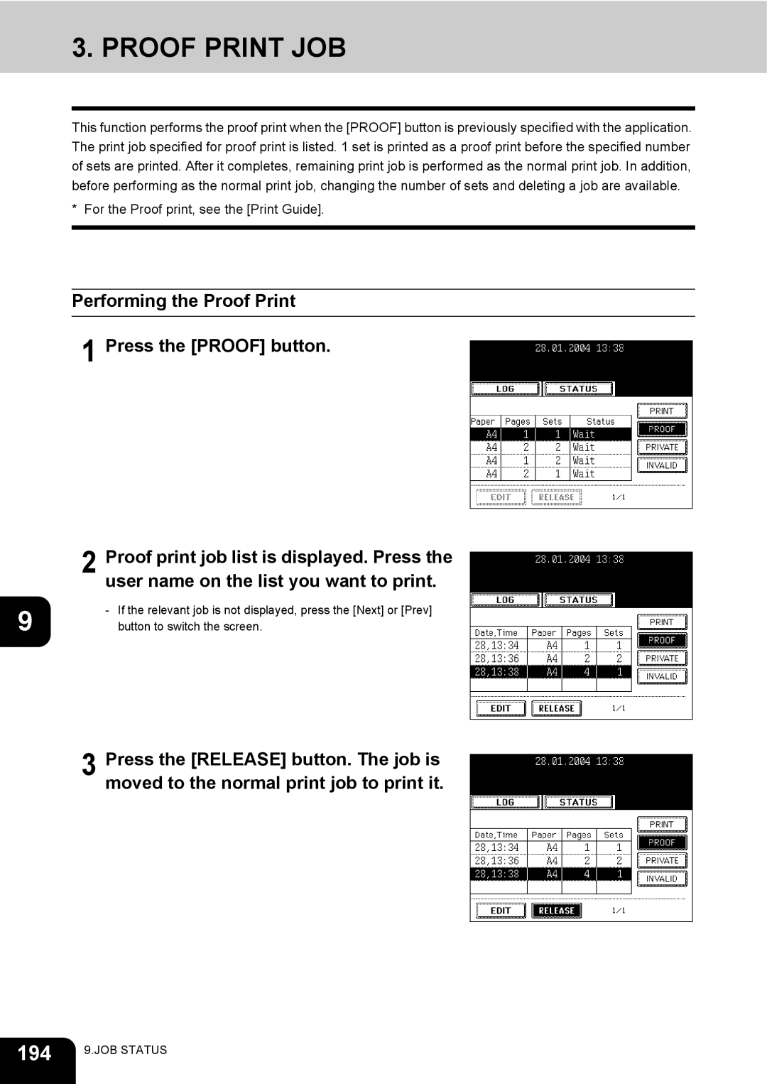 Toshiba e-STUDIO230/280 manual Proof Print JOB, 194 