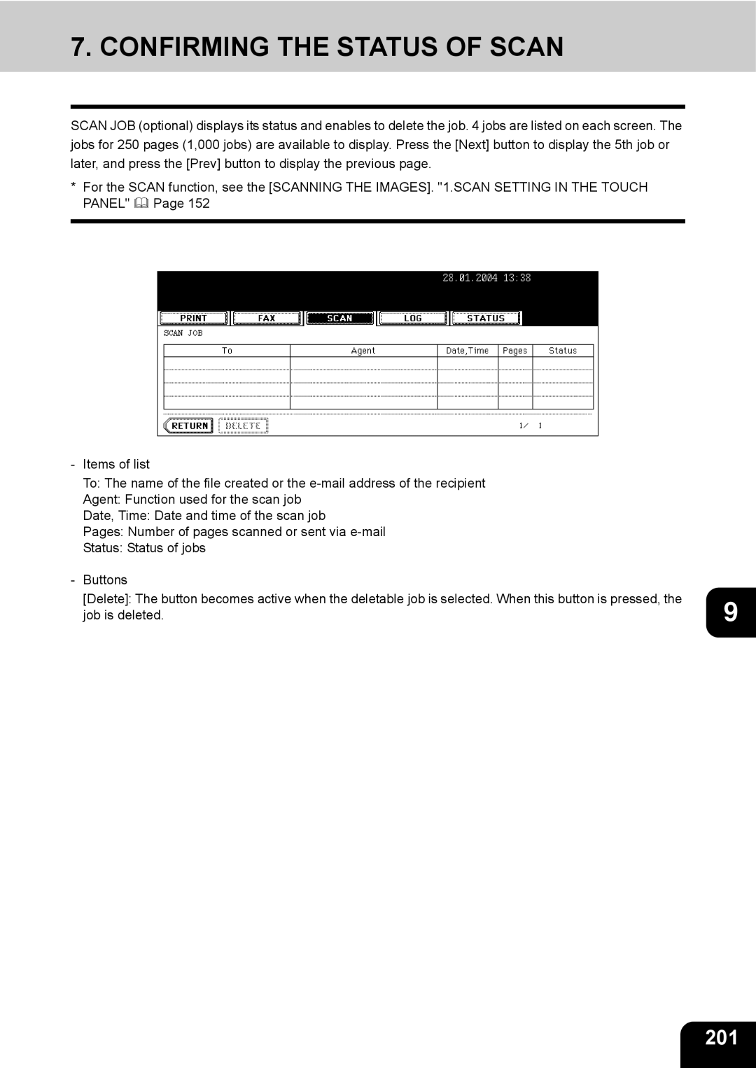 Toshiba e-STUDIO230/280 manual Confirming the Status of Scan, 201 