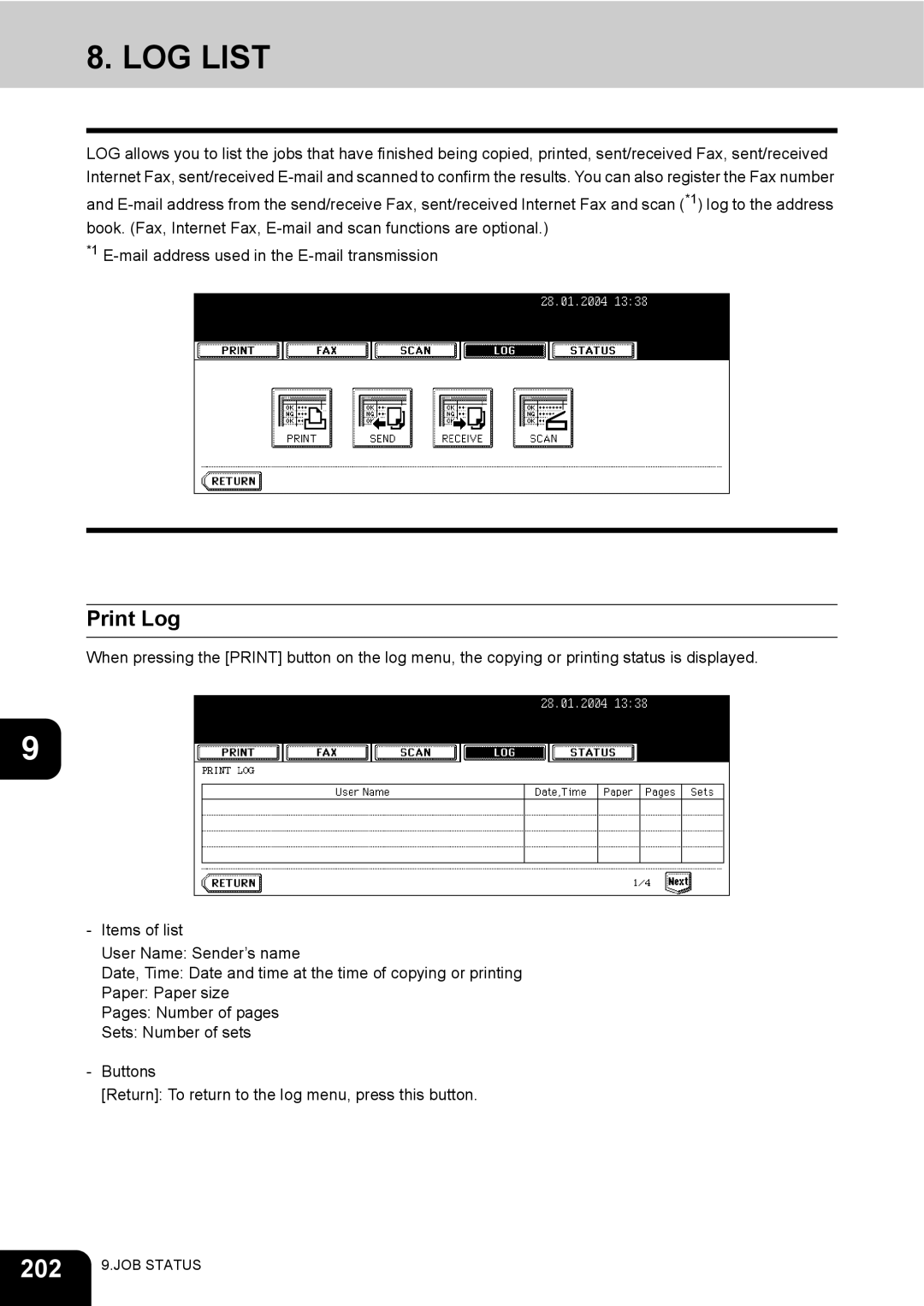 Toshiba e-STUDIO230/280 manual LOG List, 202, Print Log 