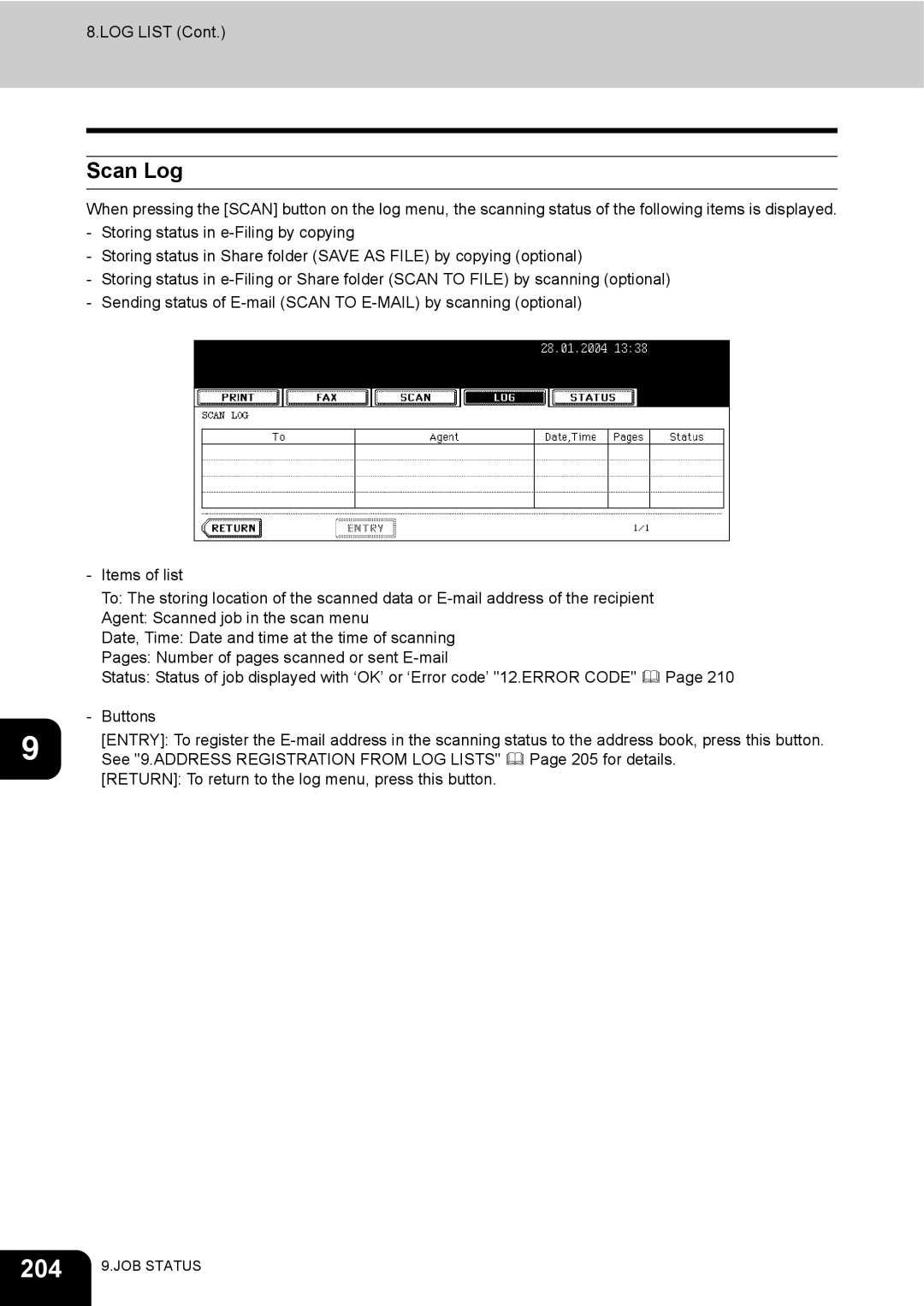 Toshiba e-STUDIO230/280 manual 204, Scan Log 