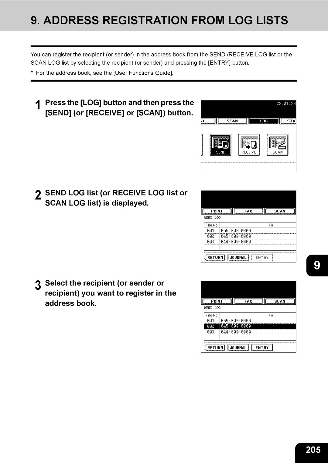 Toshiba e-STUDIO230/280 manual Address Registration from LOG Lists, 205 