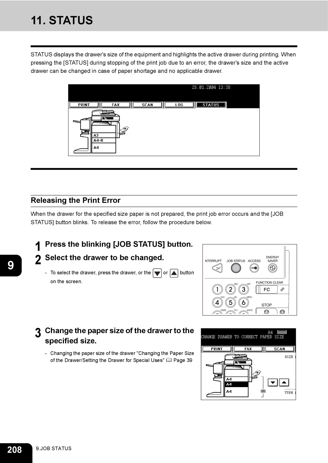 Toshiba e-STUDIO230/280 Status, 208, Releasing the Print Error, Change the paper size of the drawer to the specified size 