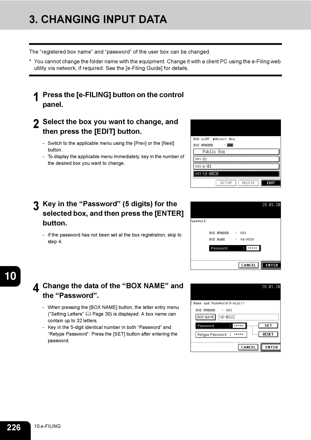Toshiba e-STUDIO230/280 manual Changing Input Data, Change the data of the BOX Name and the Password 
