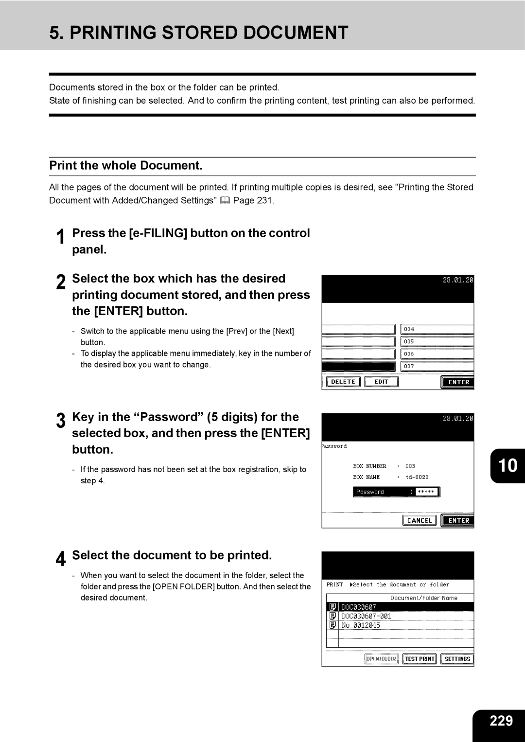 Toshiba e-STUDIO230/280 manual Printing Stored Document, 229, Print the whole Document, Select the document to be printed 