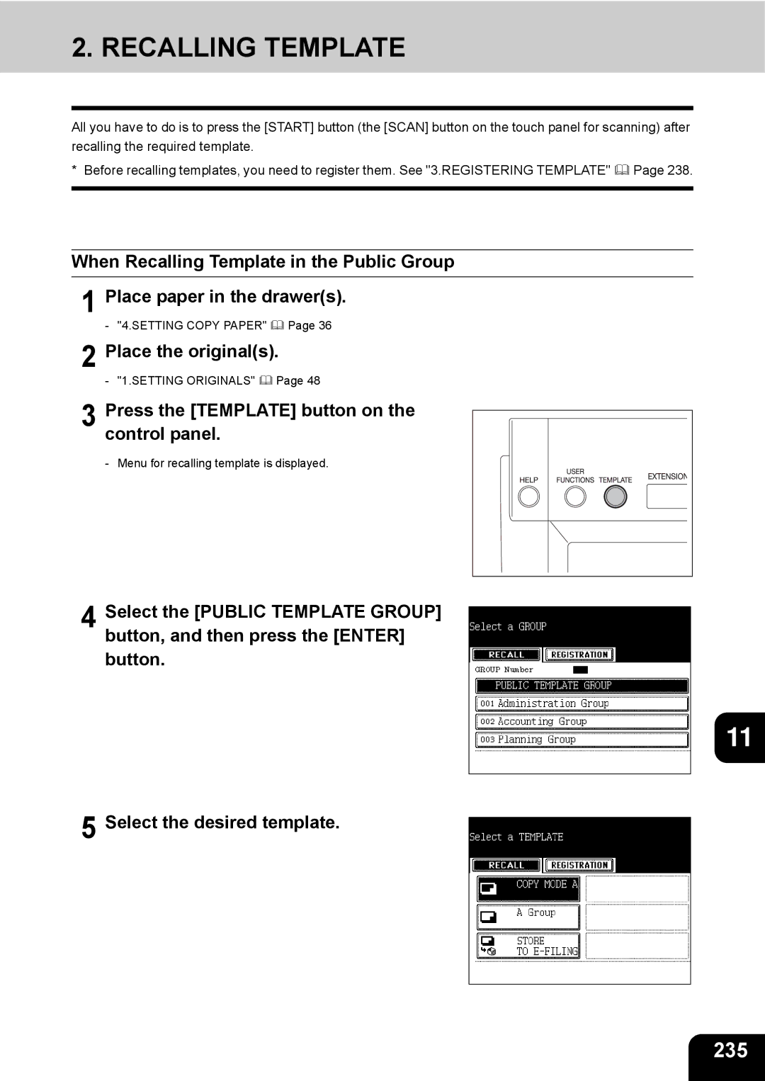 Toshiba e-STUDIO230/280 manual Recalling Template, 235 